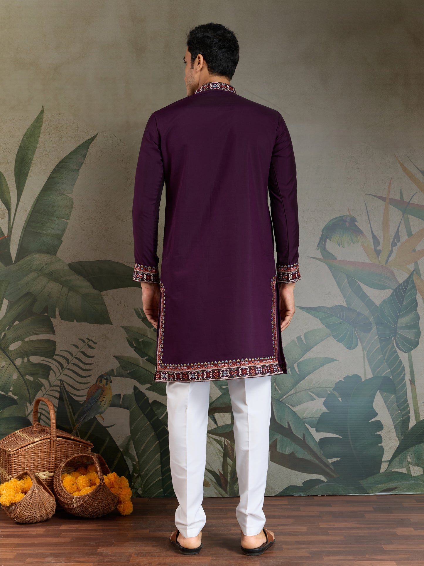 Men’s Traditional Purple Kurta with Intricate Multicolor Embroidery