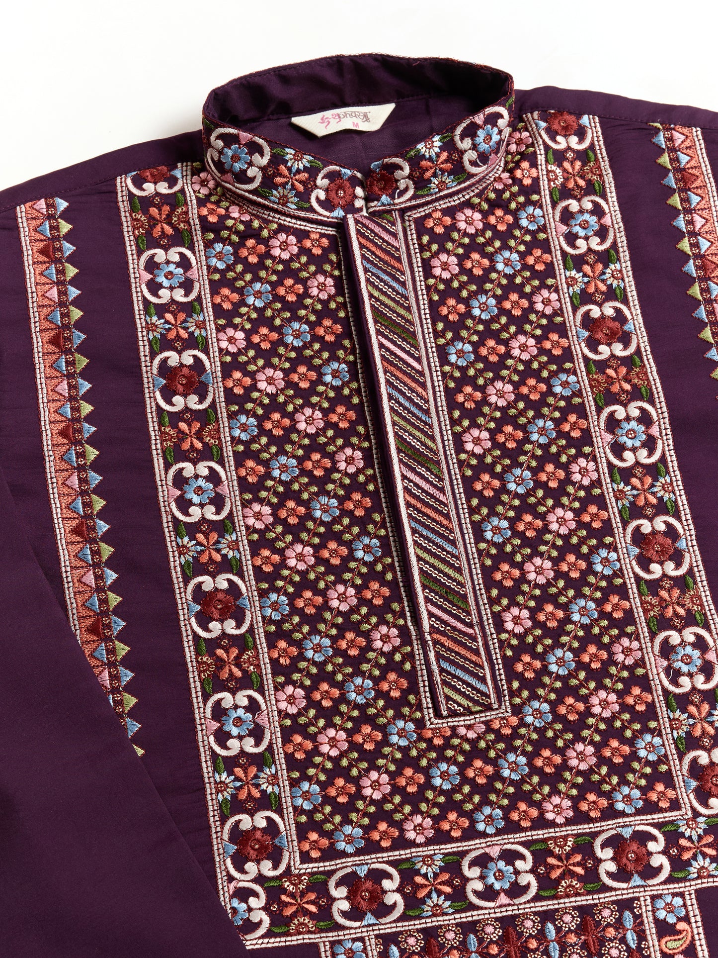 Men’s Traditional Purple Kurta with Intricate Multicolor Embroidery