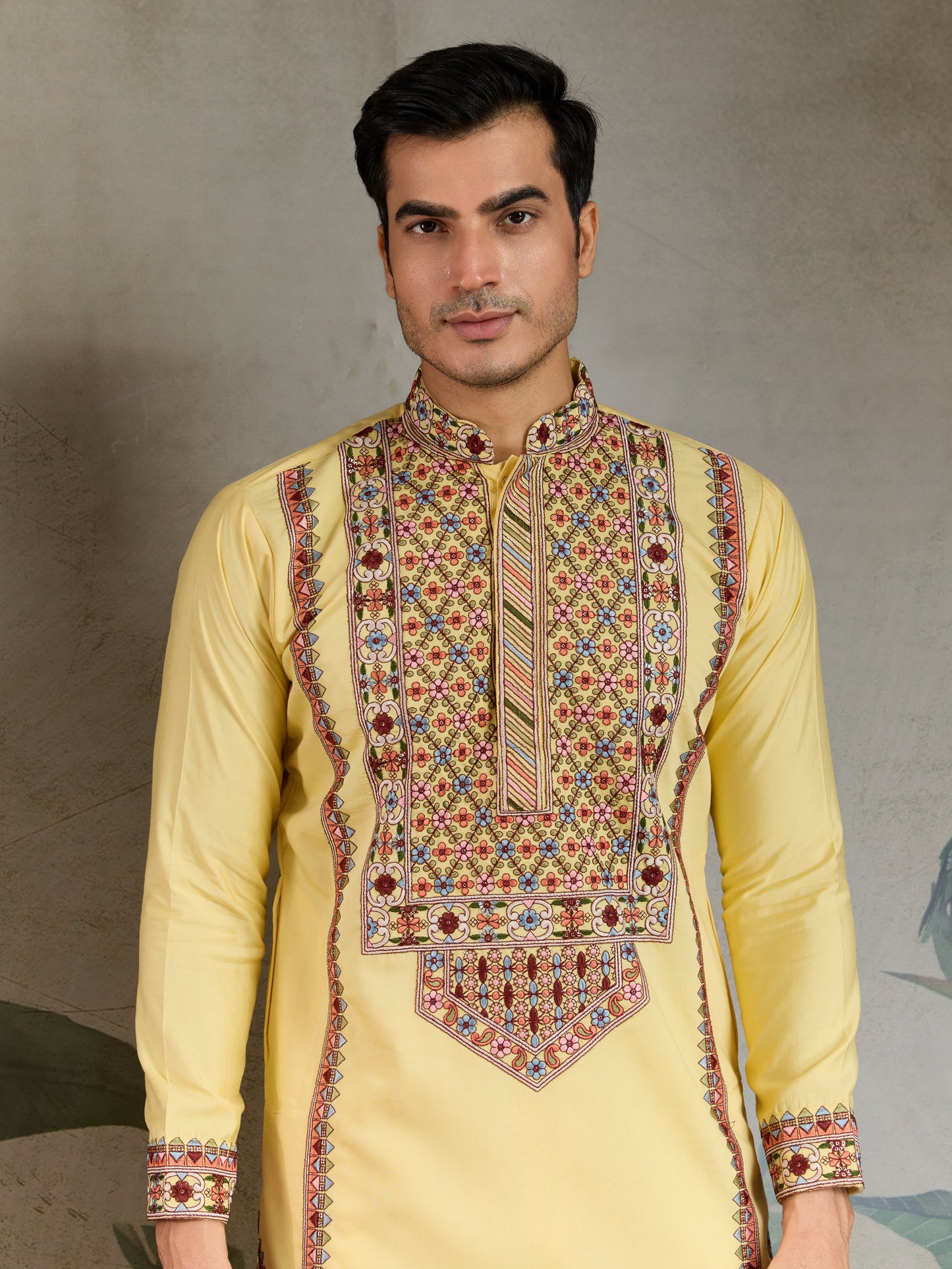 Men’s Yellow Embroidered Cotton Kurta – Festive & Ethnic Wear