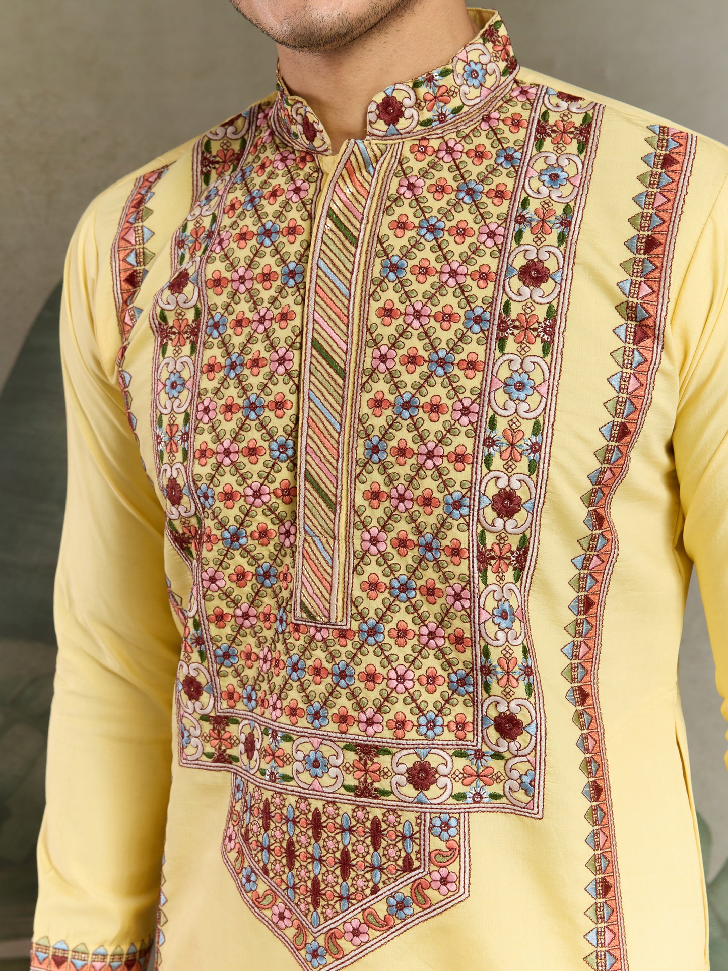 Men’s Yellow Embroidered Cotton Kurta – Festive & Ethnic Wear