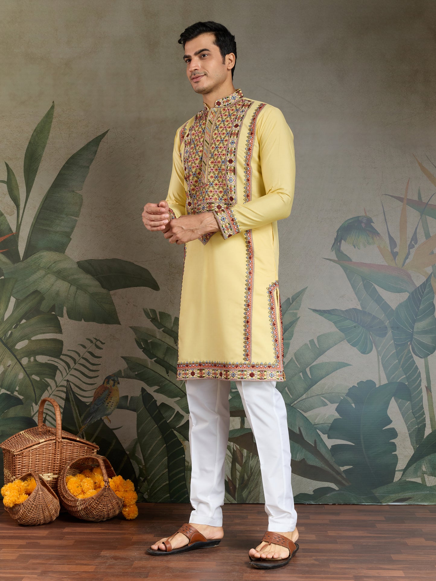 Men’s Yellow Embroidered Cotton Kurta – Festive & Ethnic Wear