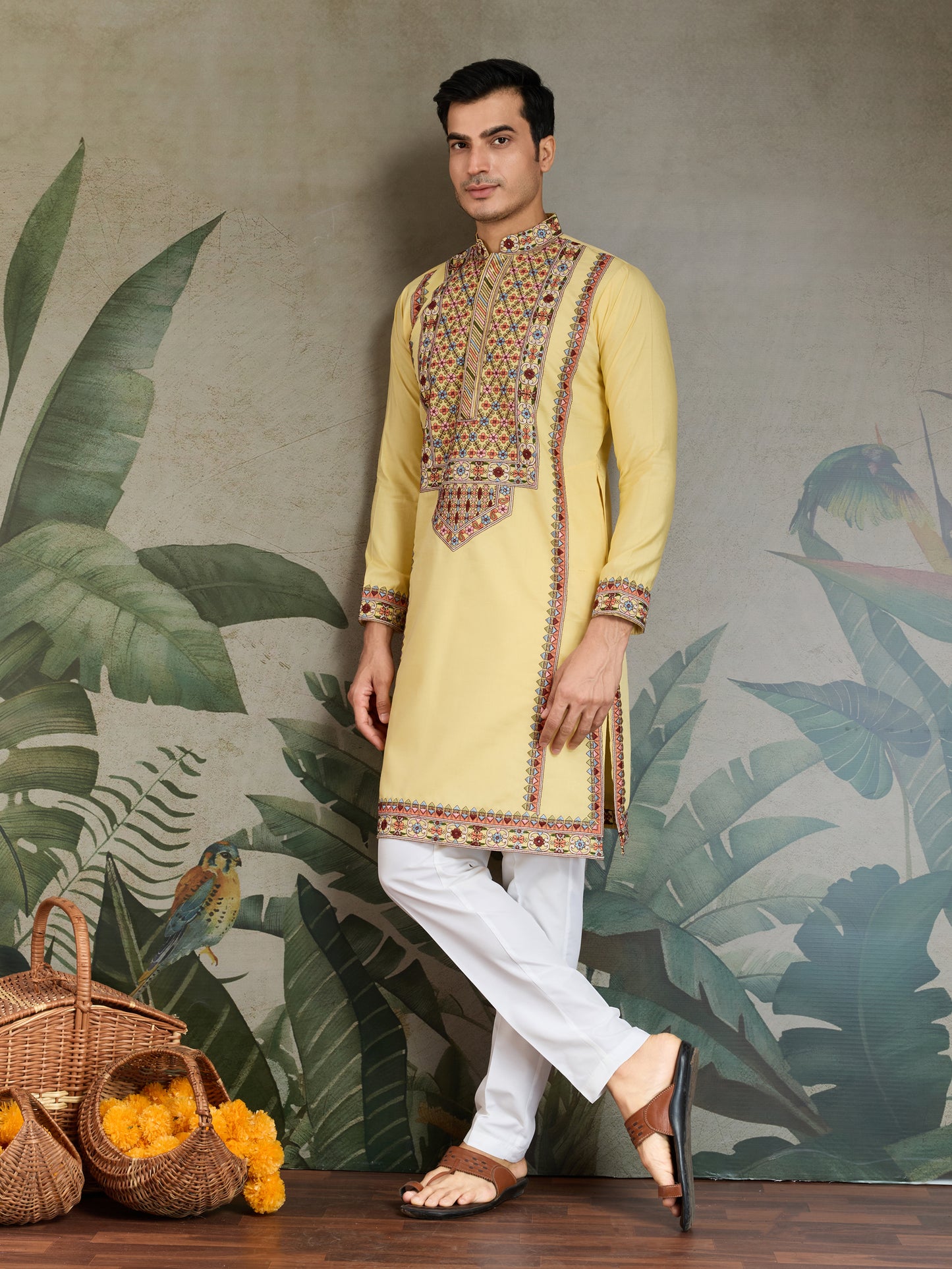 Men’s Yellow Embroidered Cotton Kurta – Festive & Ethnic Wear