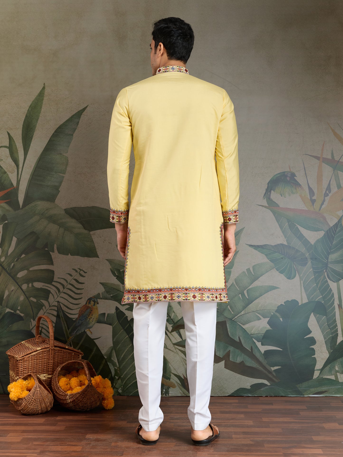 Men’s Yellow Embroidered Cotton Kurta – Festive & Ethnic Wear