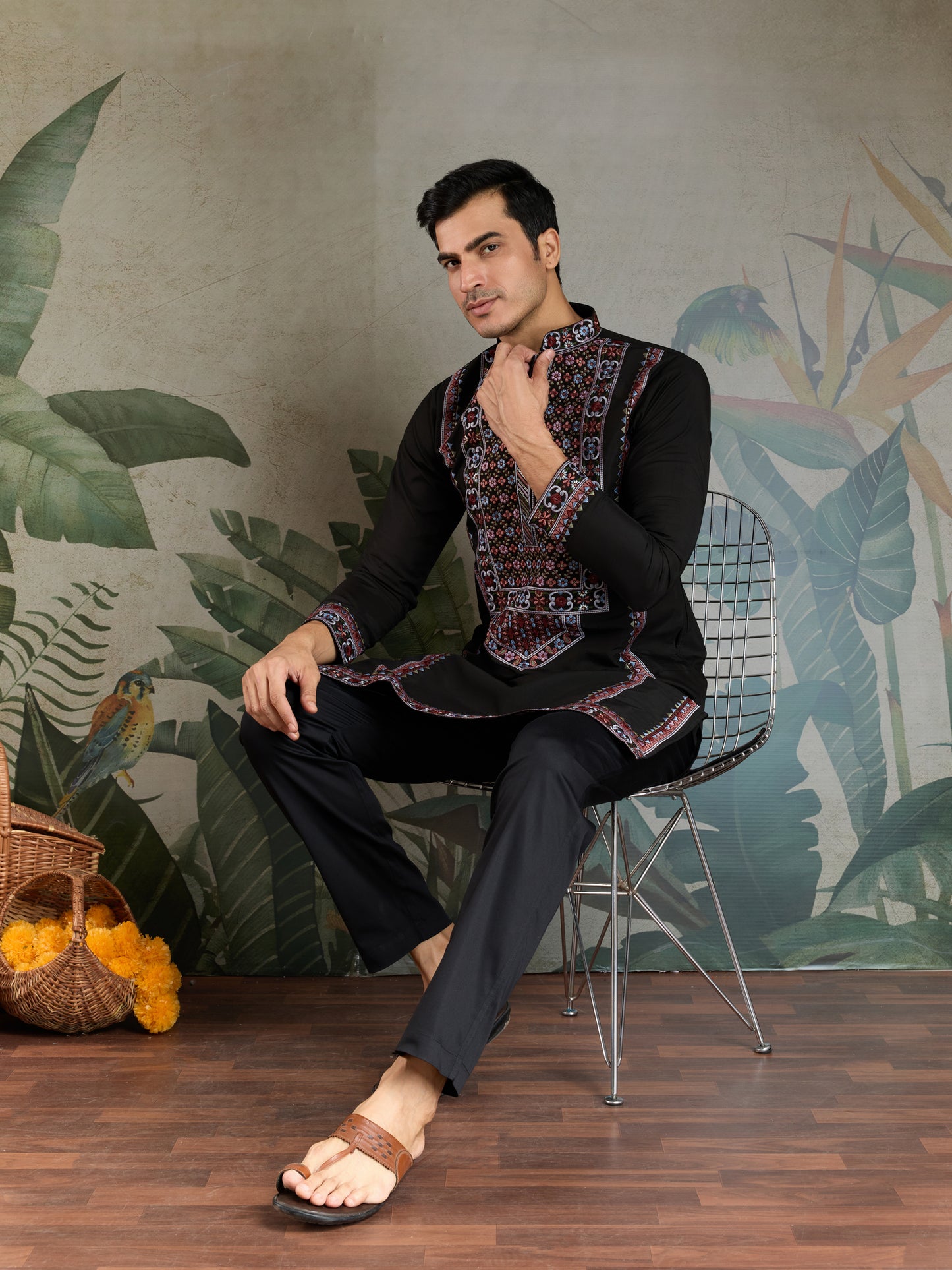 Black Men’s Kurta with Multicolor Embroidery – Premium Ethnic Wear