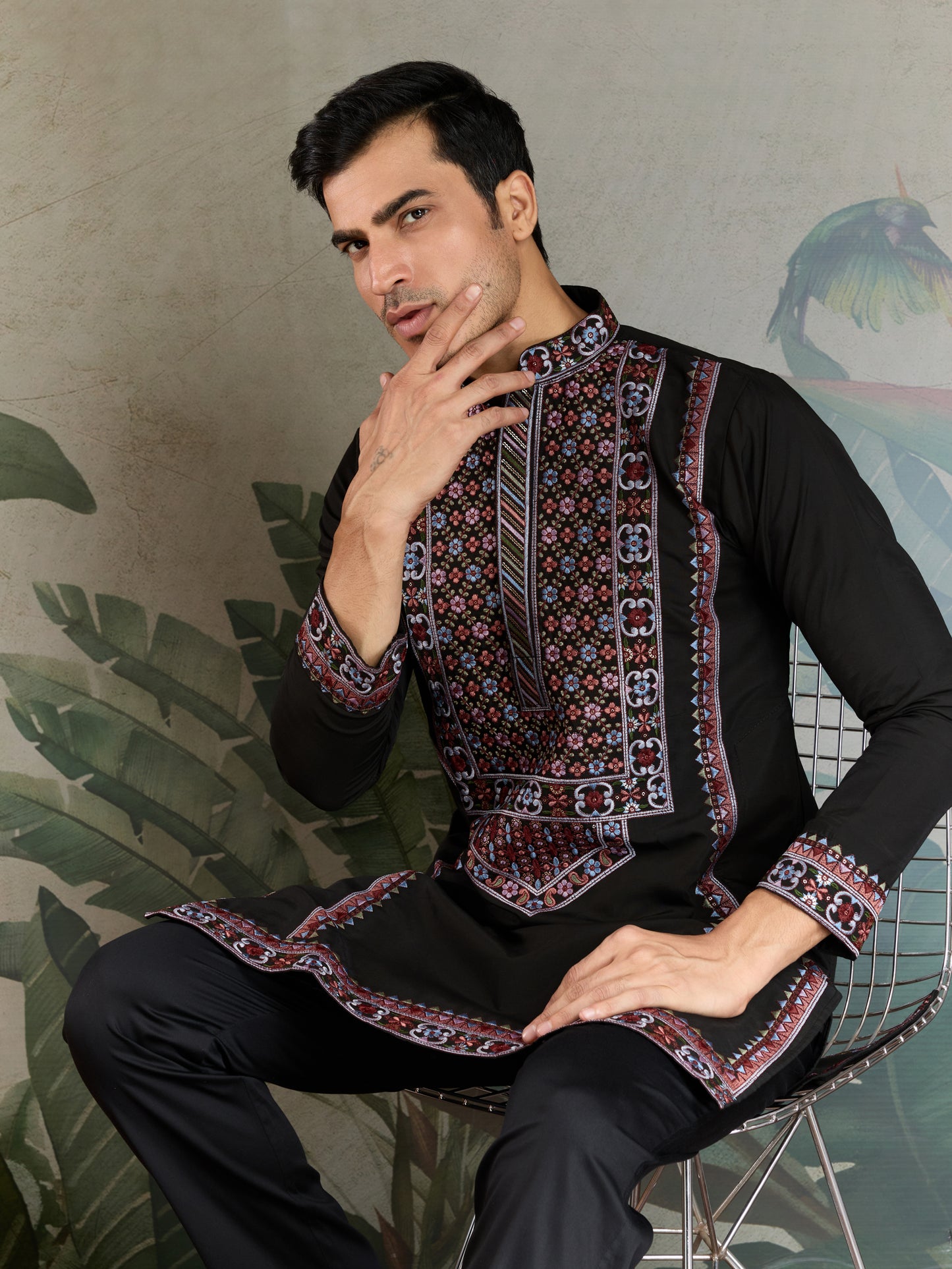 Black Men’s Kurta with Multicolor Embroidery – Premium Ethnic Wear