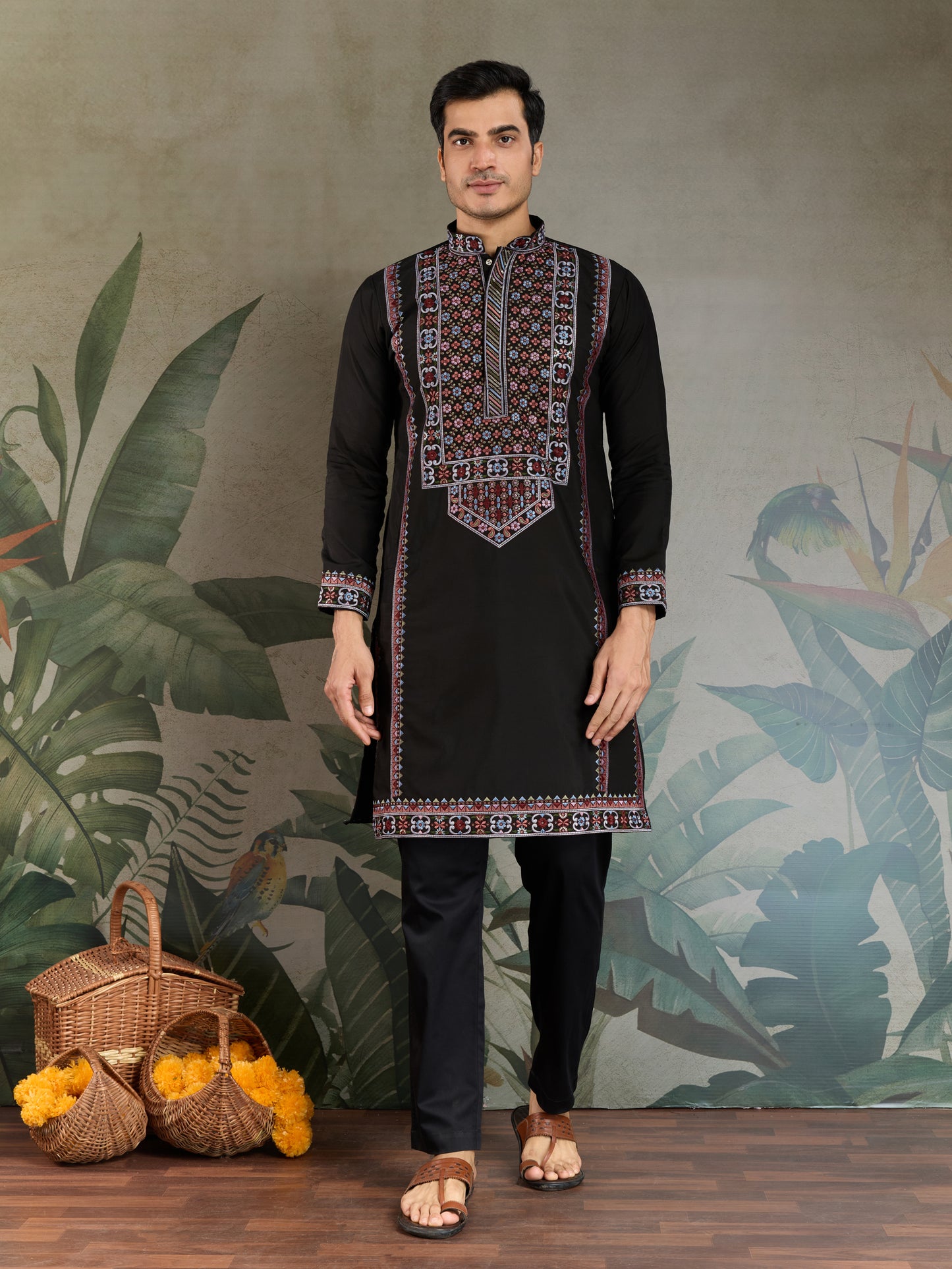 Black Men’s Kurta with Multicolor Embroidery – Premium Ethnic Wear