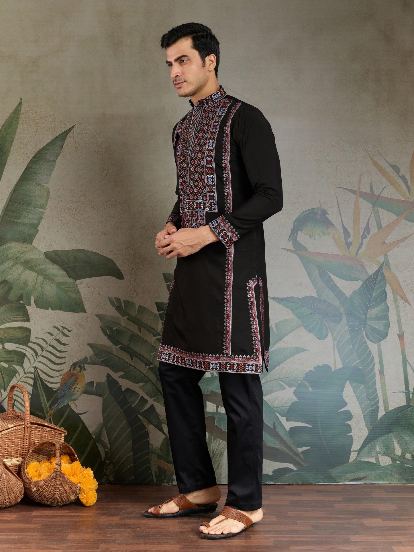 Black Men’s Kurta with Multicolor Embroidery – Premium Ethnic Wear