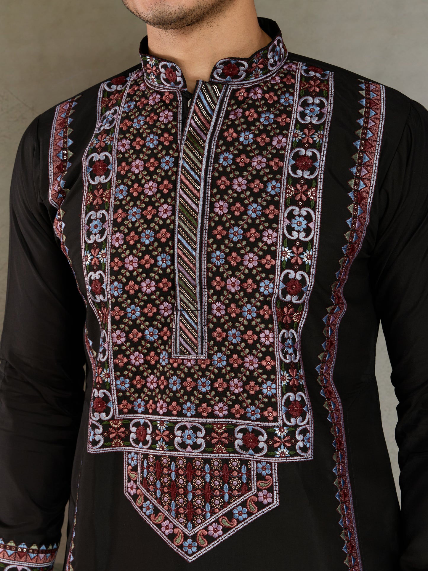 Black Men’s Kurta with Multicolor Embroidery – Premium Ethnic Wear