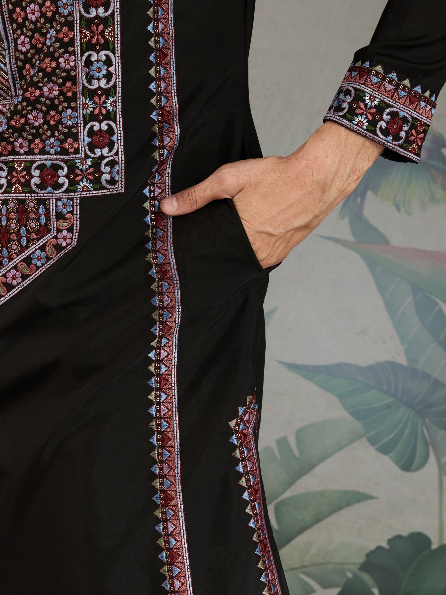 Black Men’s Kurta with Multicolor Embroidery – Premium Ethnic Wear