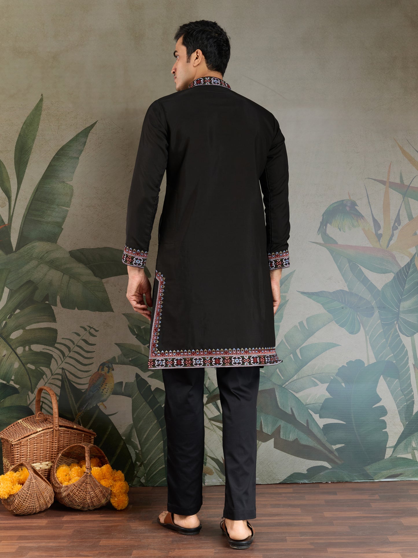 Black Men’s Kurta with Multicolor Embroidery – Premium Ethnic Wear