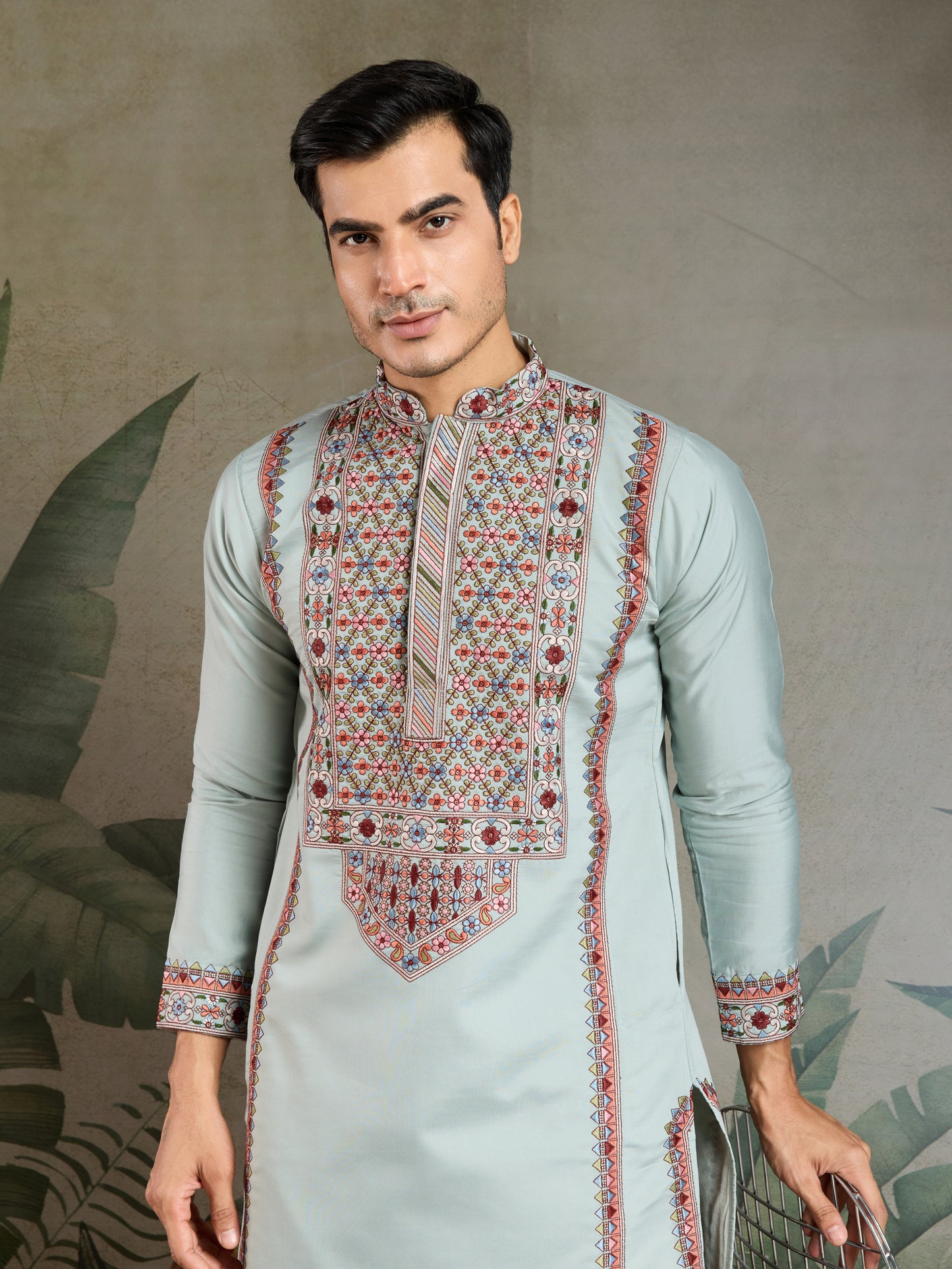 Pastel Mint Green Kurta with Multicolor Kashmiri-Inspired Embroidery