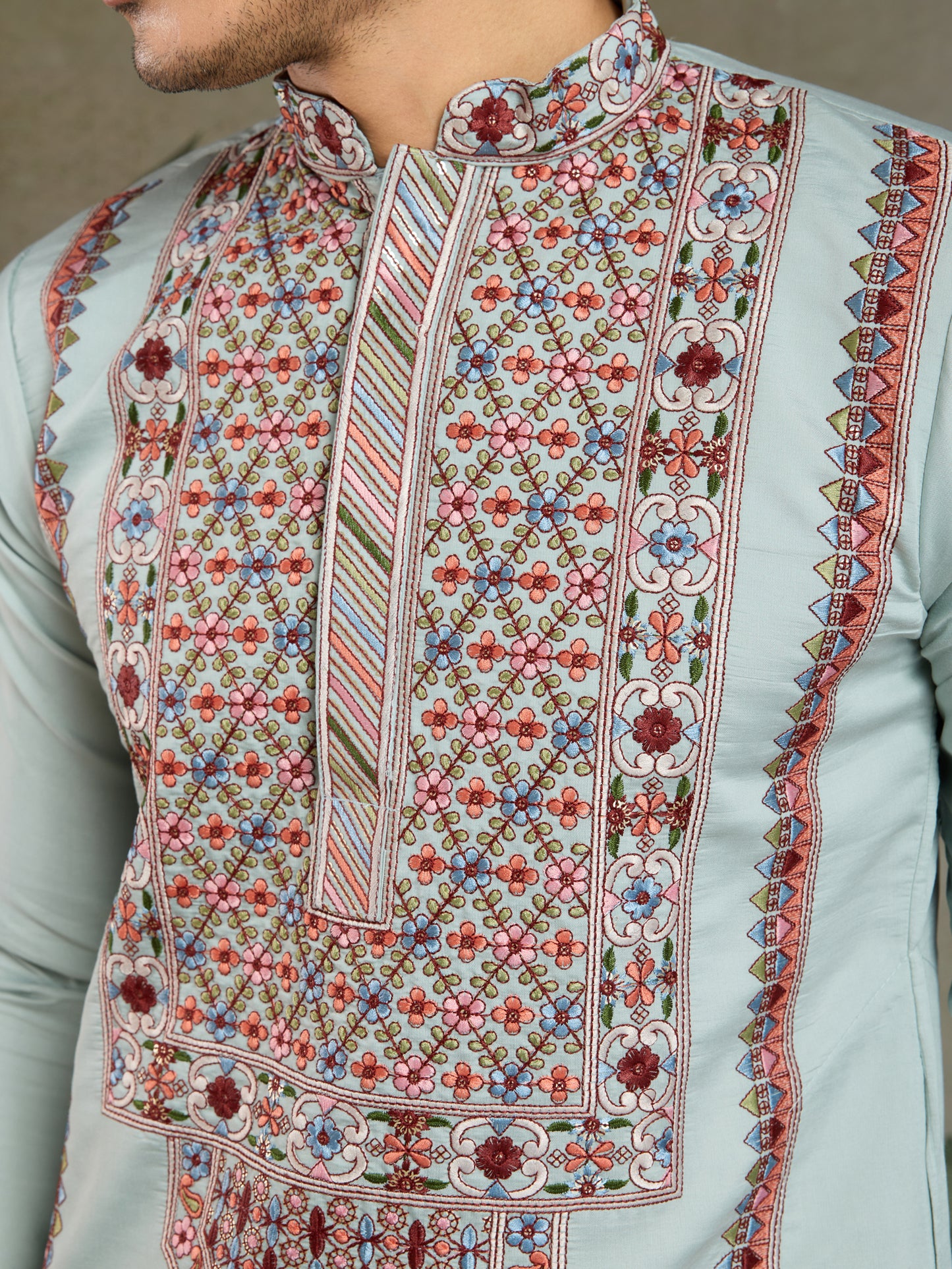 Pastel Mint Green Kurta with Multicolor Kashmiri-Inspired Embroidery