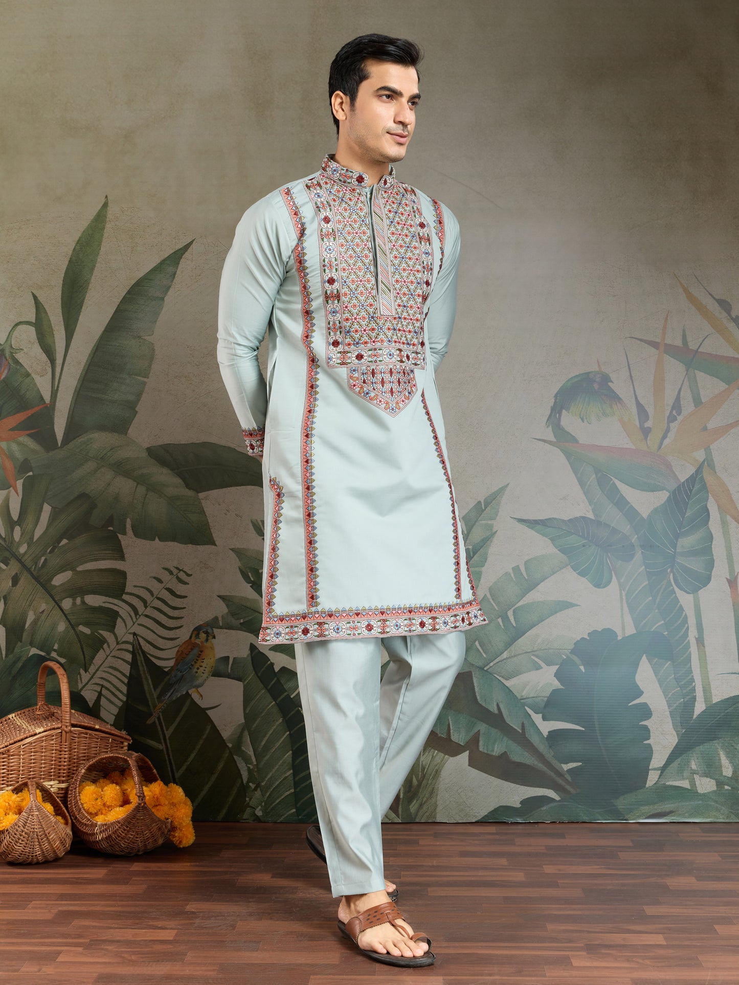 Pastel Mint Green Kurta with Multicolor Kashmiri-Inspired Embroidery