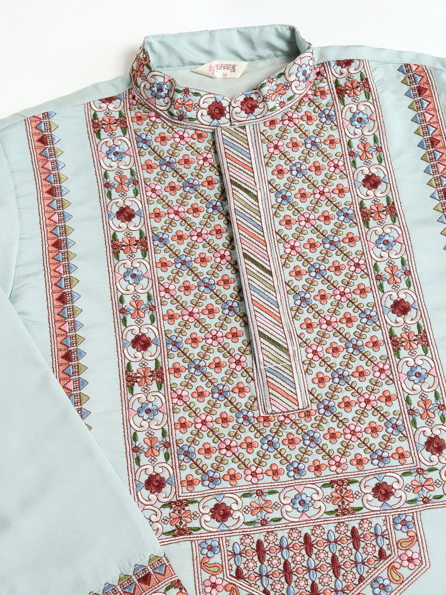 Pastel Mint Green Kurta with Multicolor Kashmiri-Inspired Embroidery