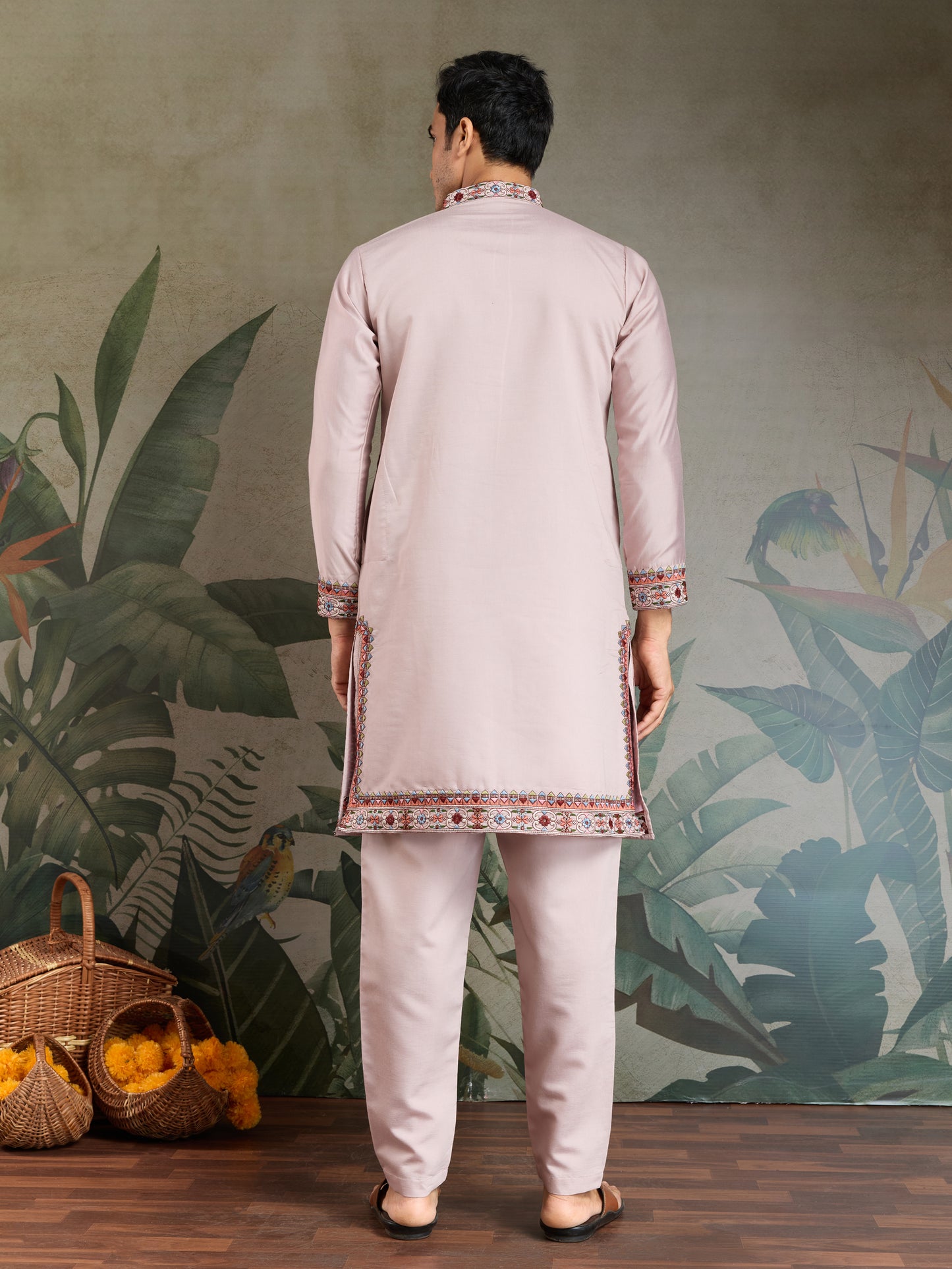 Blush Pink Men’s Kurta with Multicolor Kashmiri-Inspired Embroidery