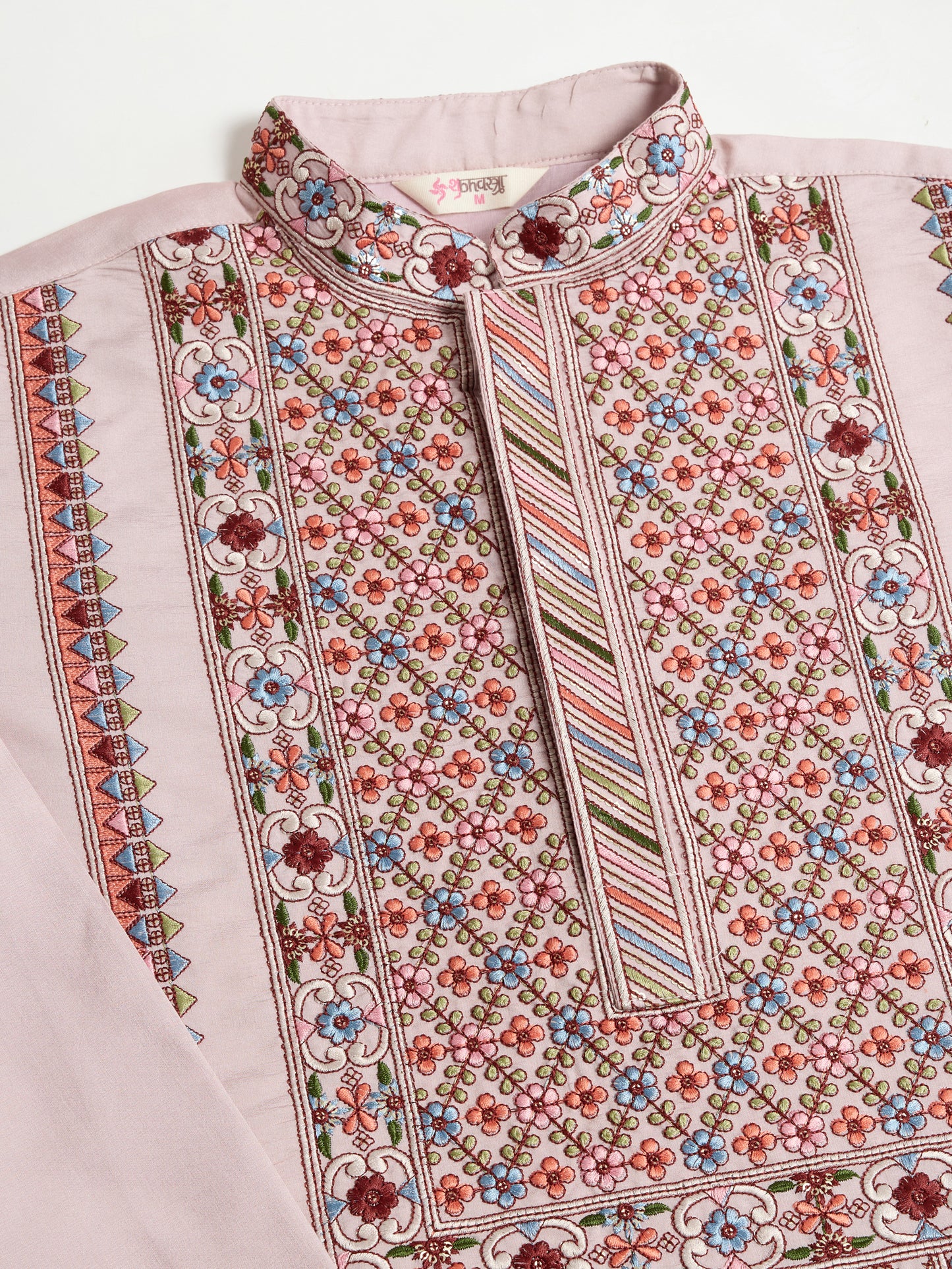 Blush Pink Men’s Kurta with Multicolor Kashmiri-Inspired Embroidery