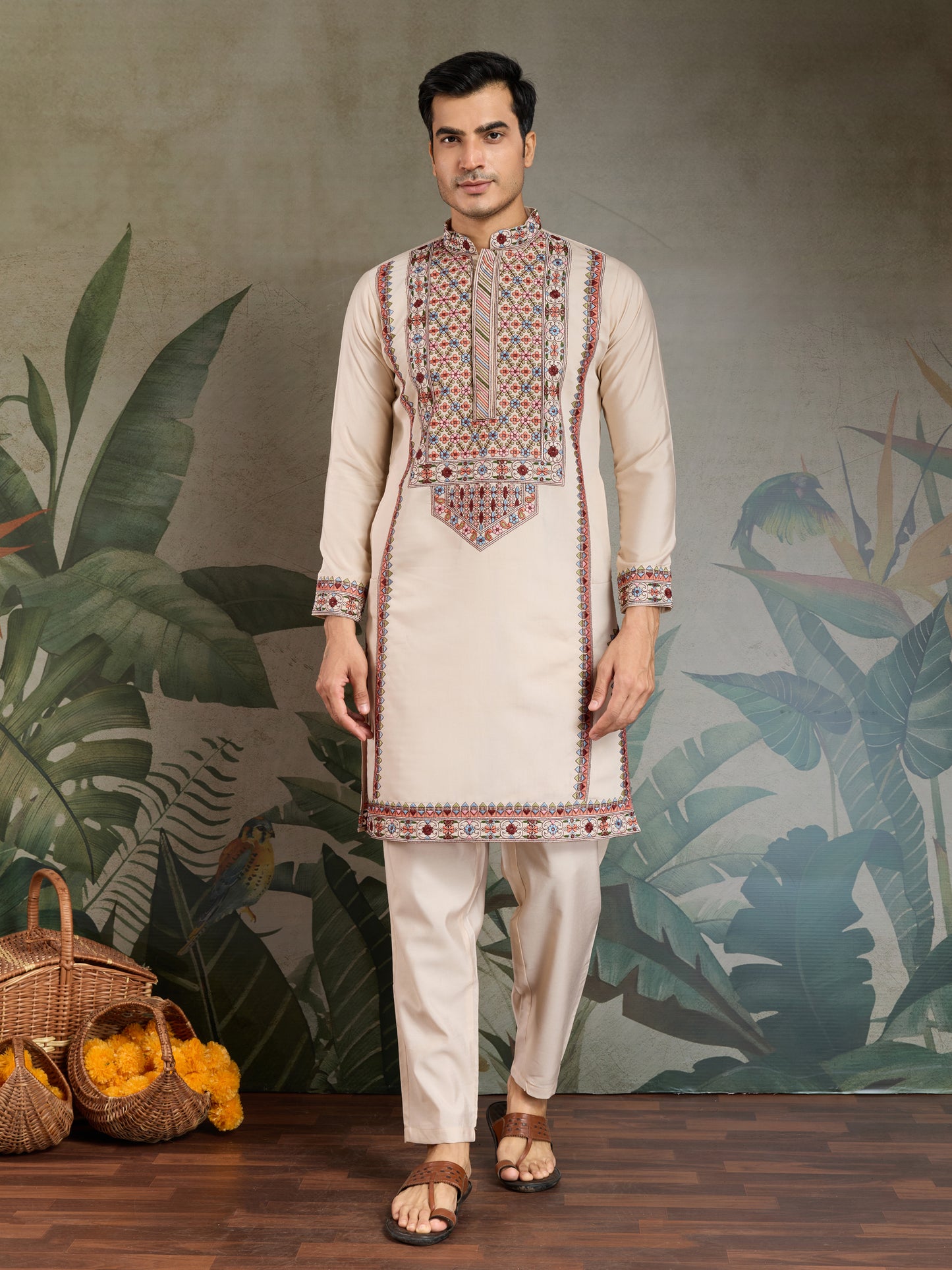 Elegant Cream Kurta with Intricate Multicolor Embroidery – Premium Festive Wear