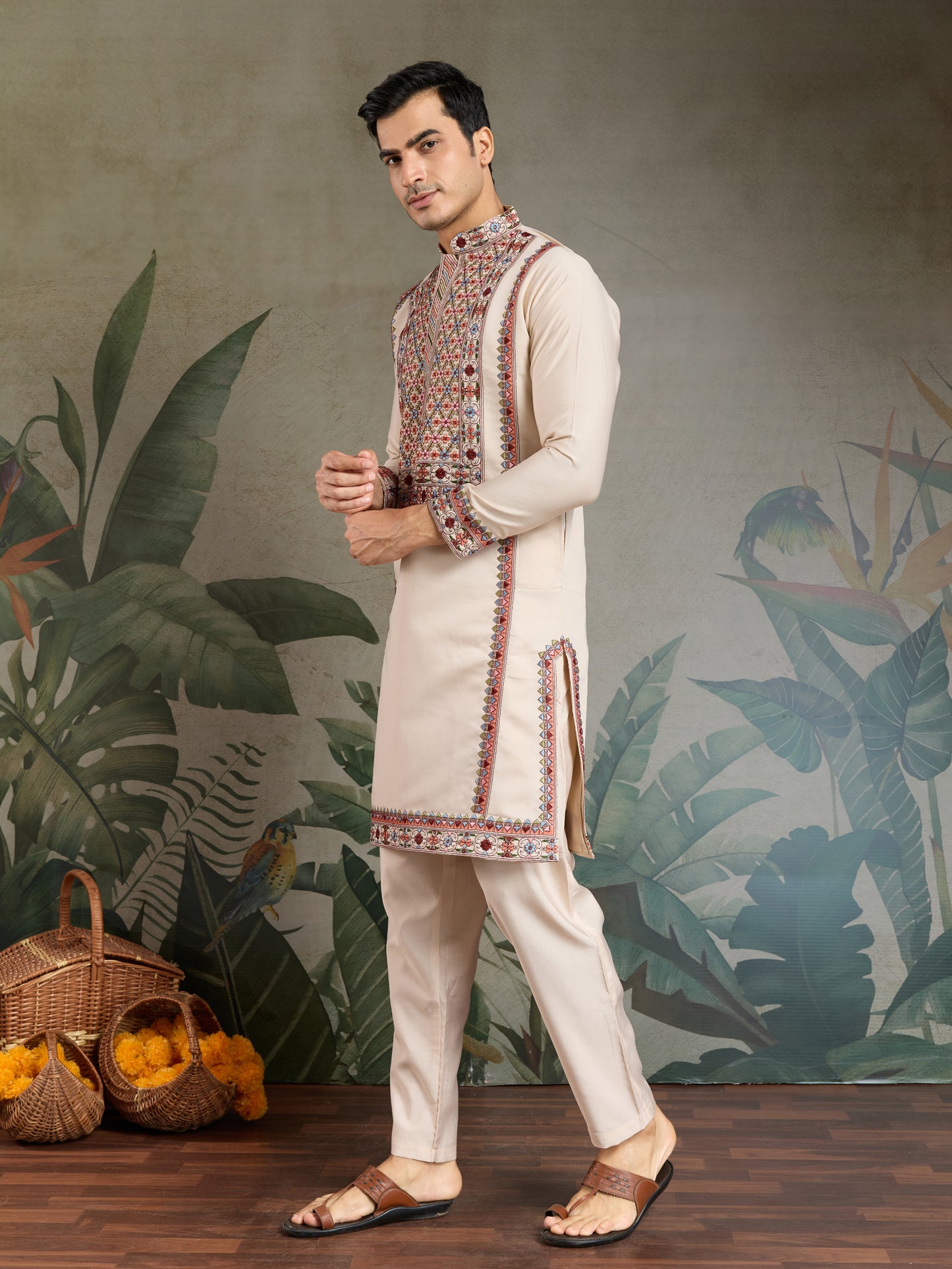 Elegant Cream Kurta with Intricate Multicolor Embroidery – Premium Festive Wear
