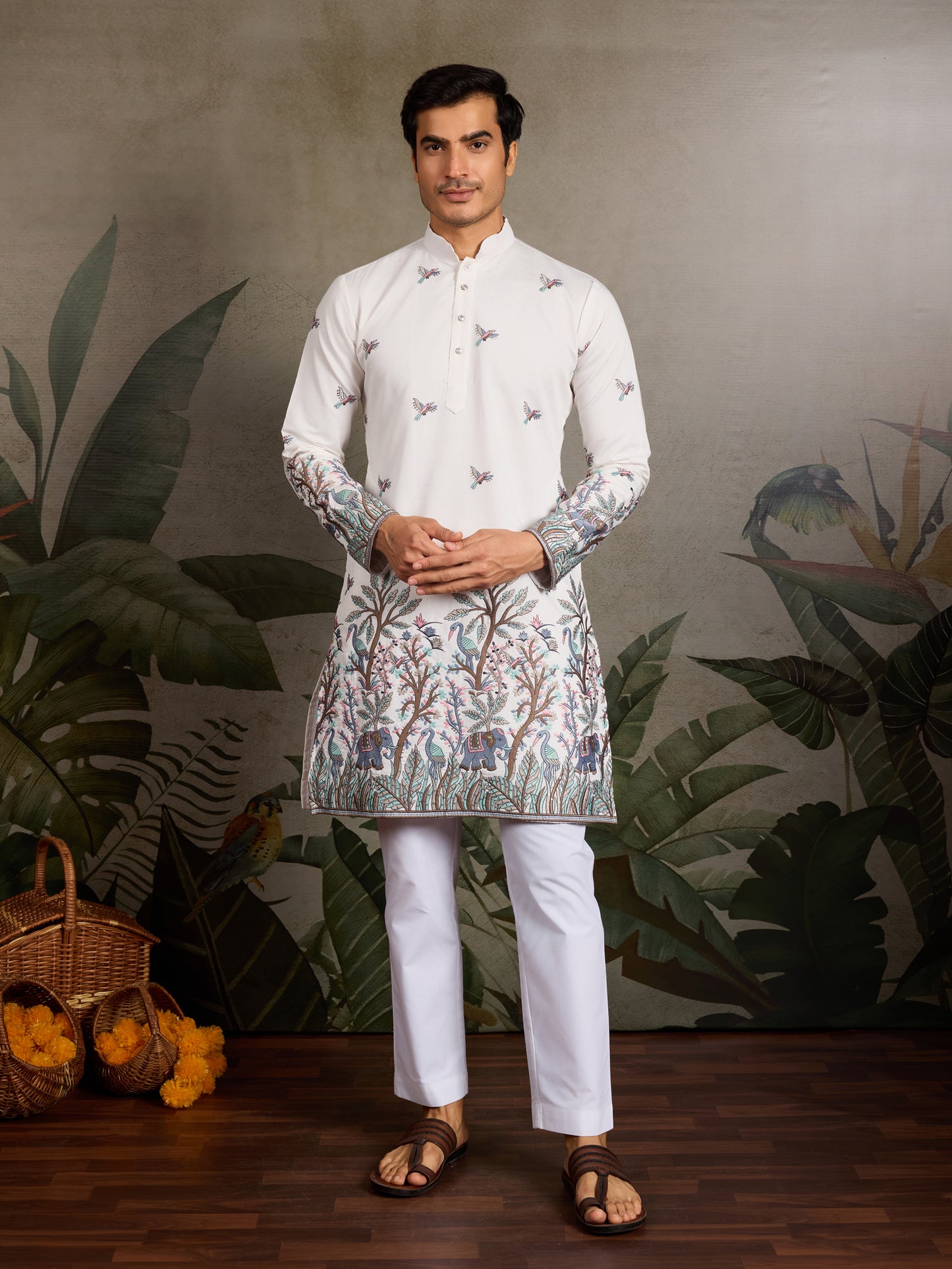 Ivory Heritage Kurta with Handcrafted Nature-Inspired Detailing