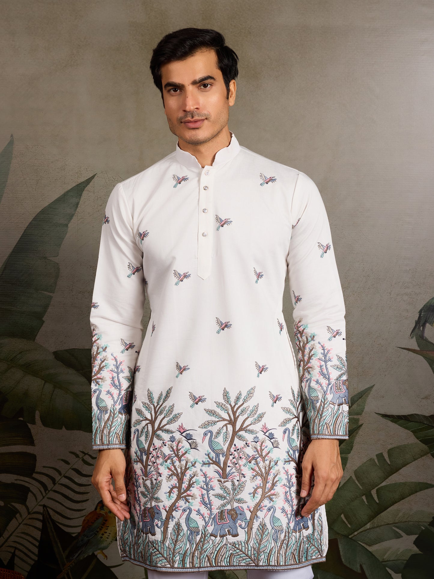 Ivory Heritage Kurta with Handcrafted Nature-Inspired Detailing