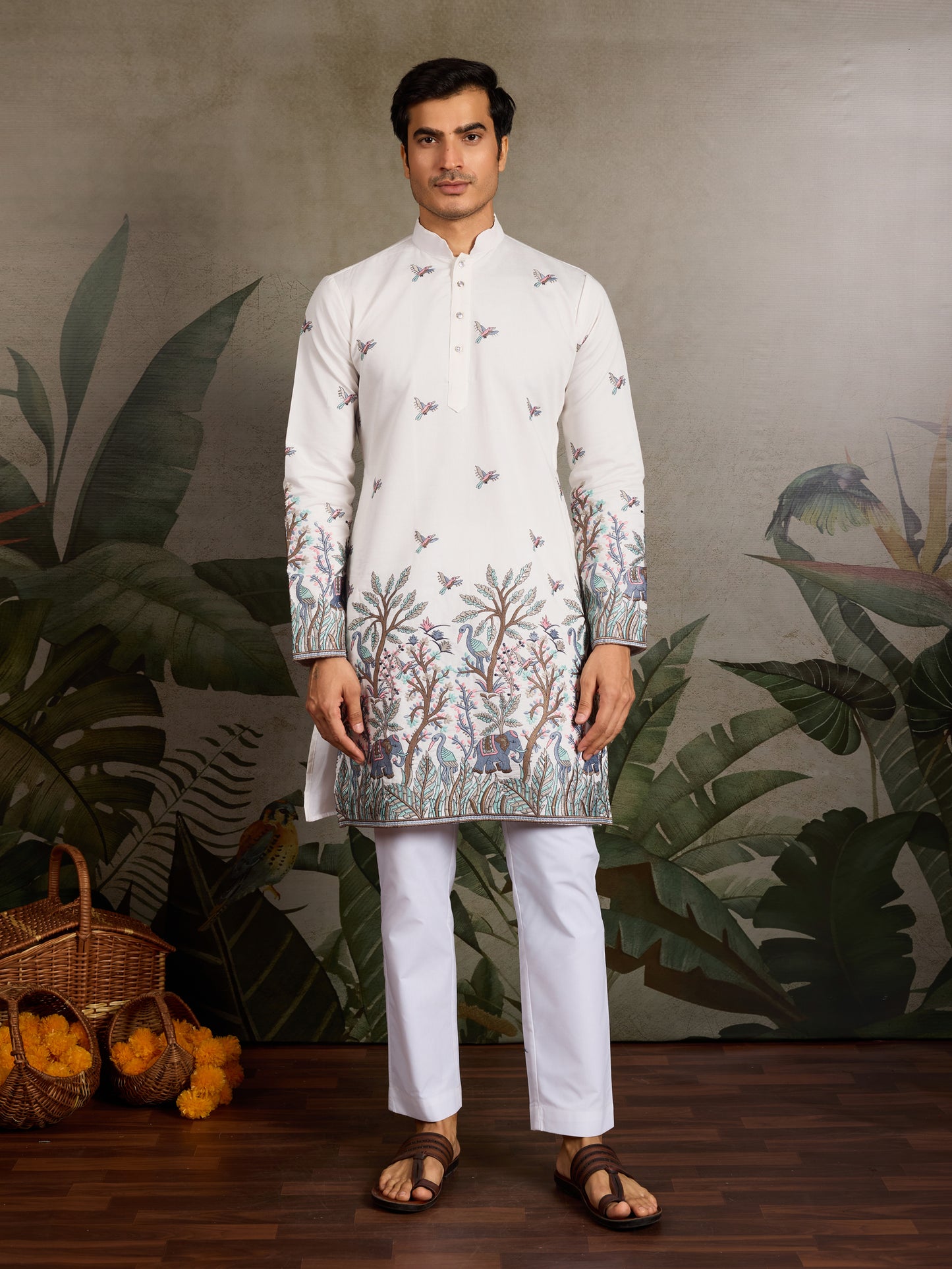 Ivory Heritage Kurta with Handcrafted Nature-Inspired Detailing