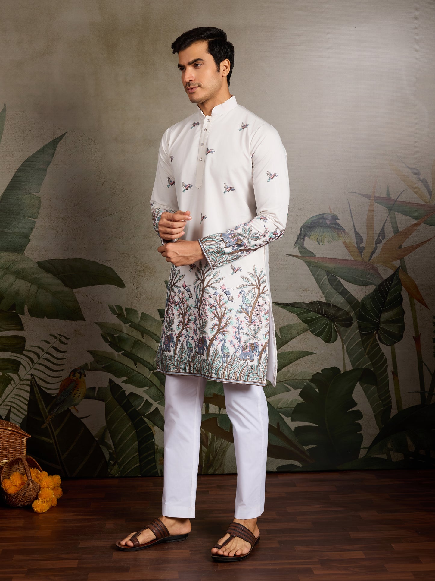 Ivory Heritage Kurta with Handcrafted Nature-Inspired Detailing