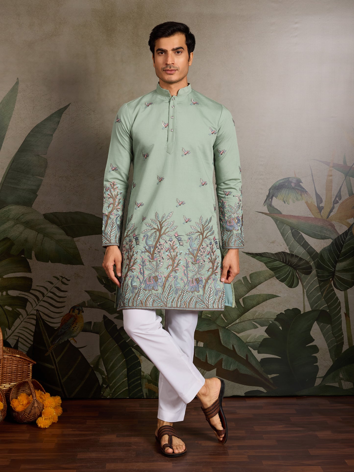 Pastel Sage Kurta with Royal Elephant & Nature Motifs