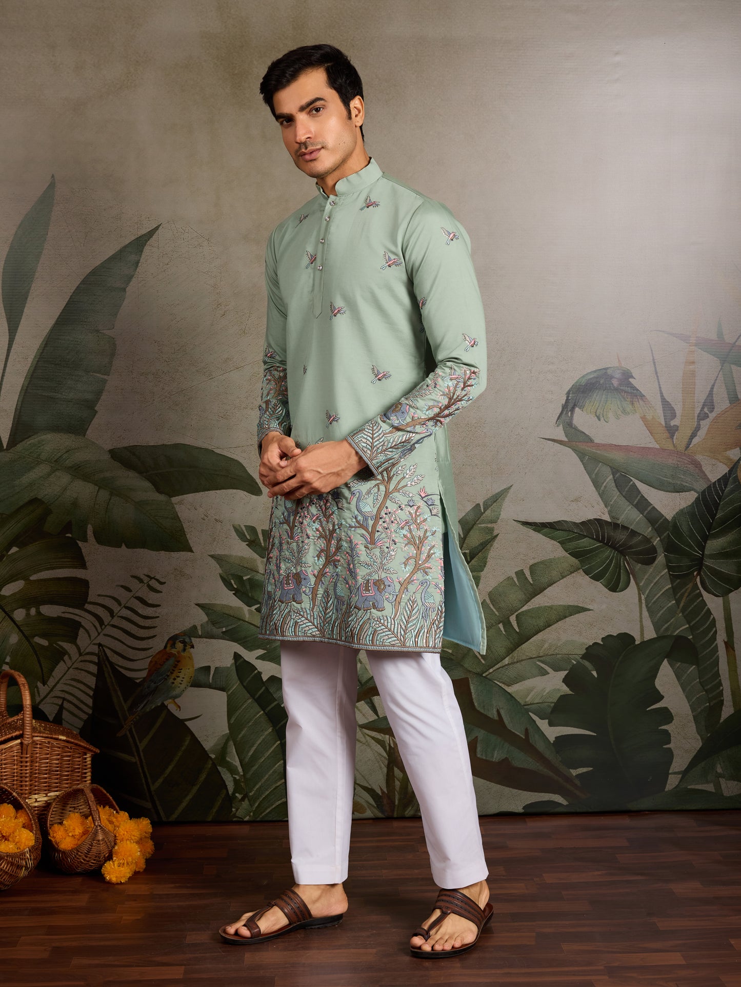 Pastel Sage Kurta with Royal Elephant & Nature Motifs