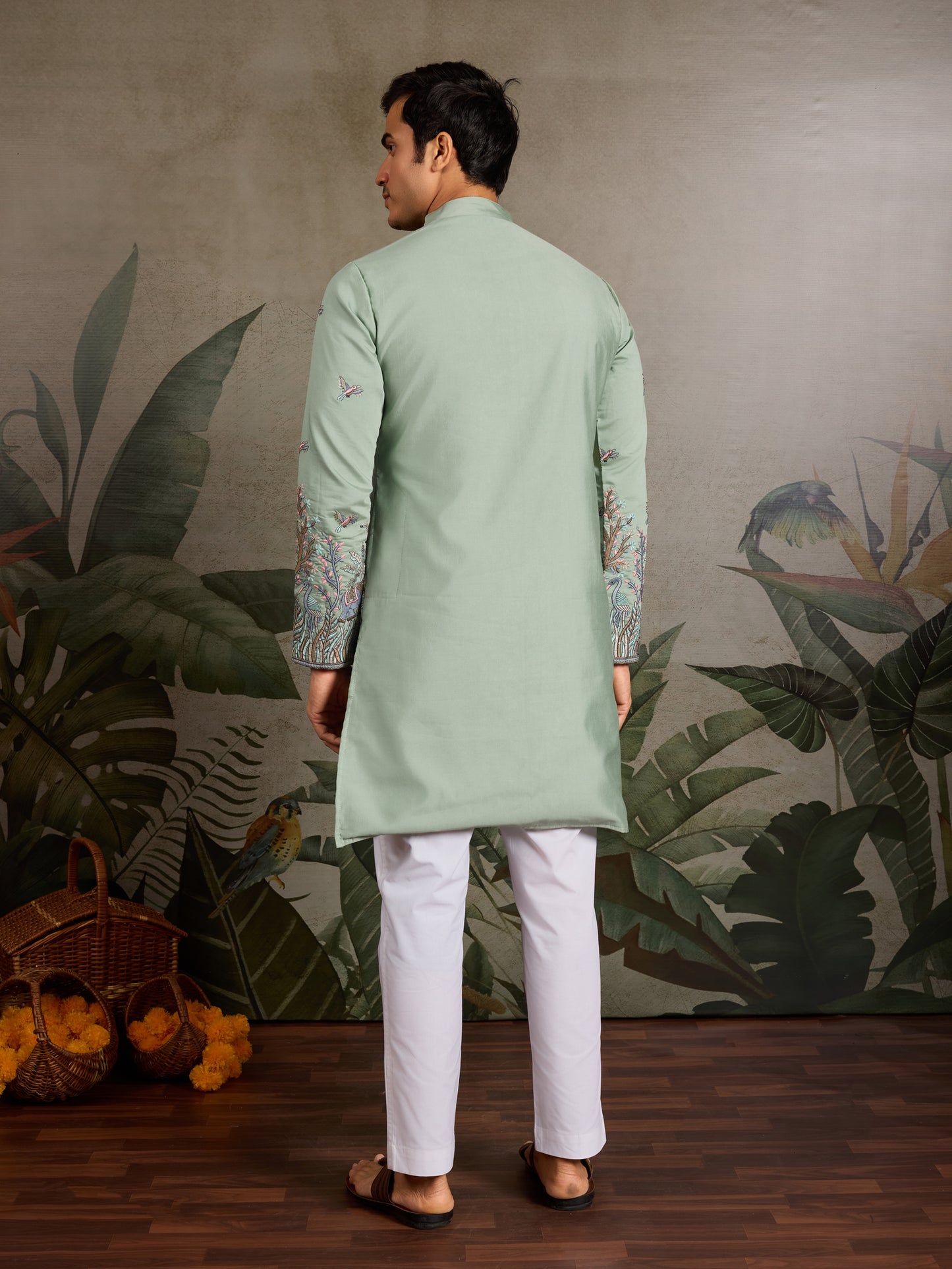 Pastel Sage Kurta with Royal Elephant & Nature Motifs