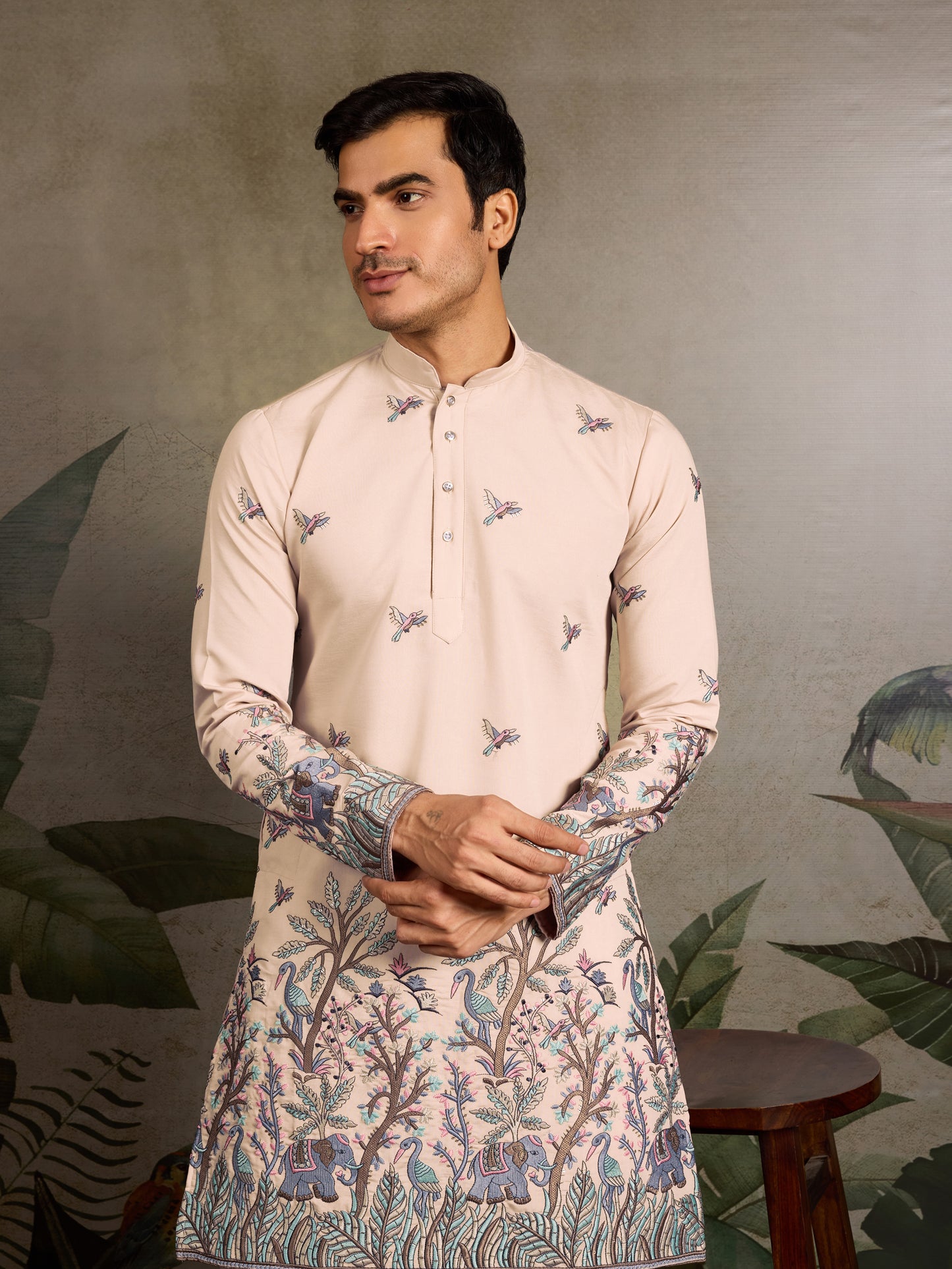 Beige Royal Kurta – Embroidered Elegance with Elephant & Bird Motifs
