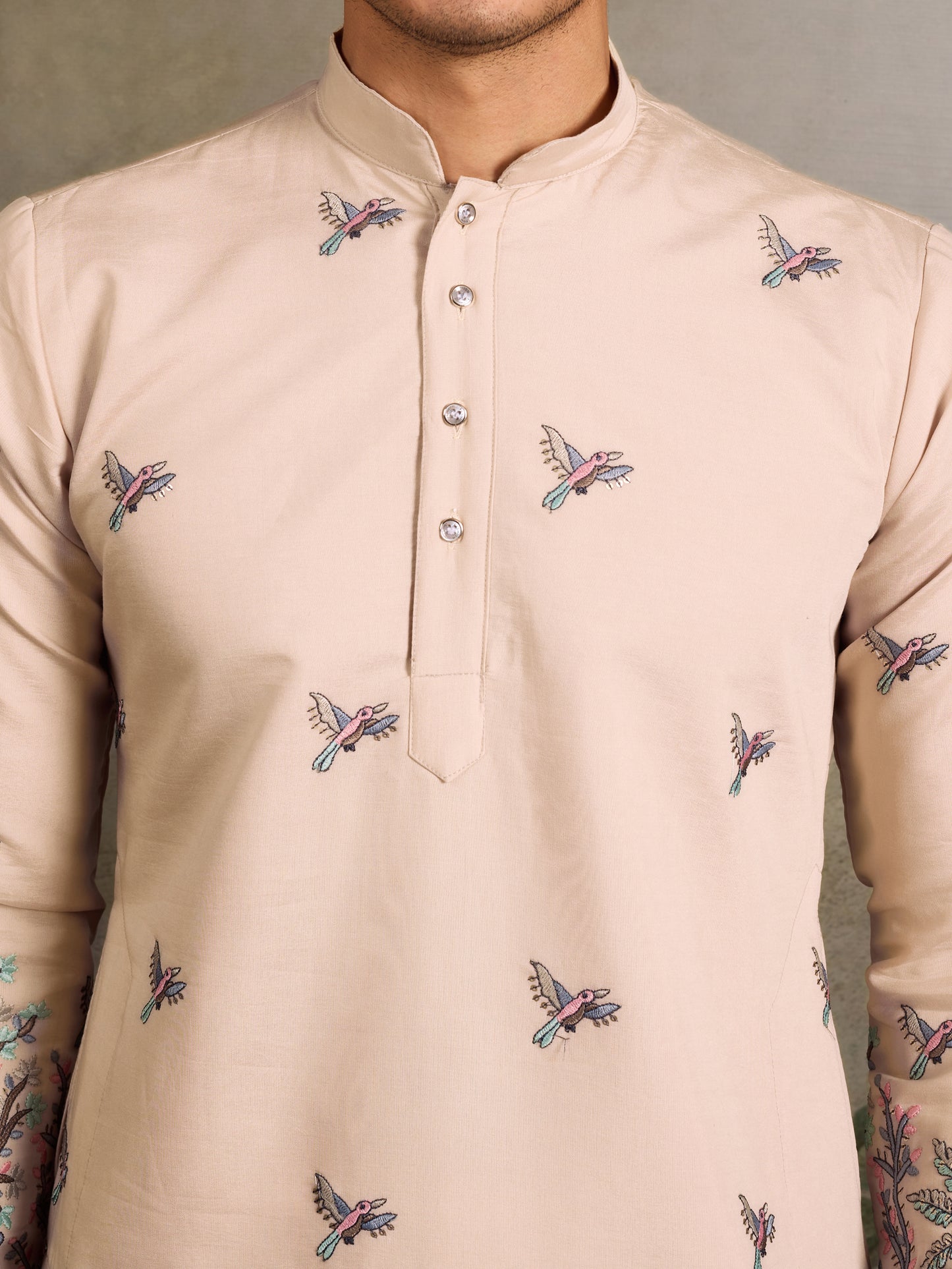Beige Royal Kurta – Embroidered Elegance with Elephant & Bird Motifs