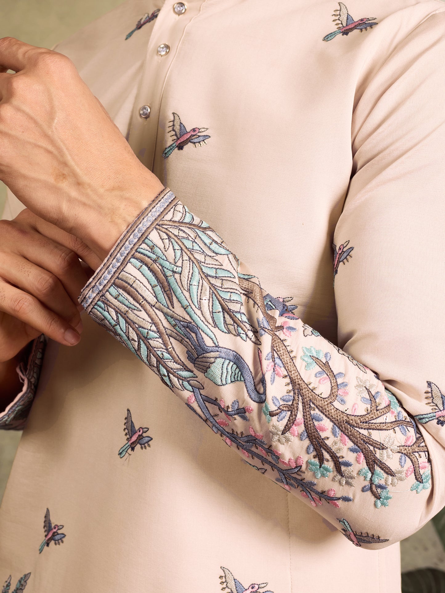 Beige Royal Kurta – Embroidered Elegance with Elephant & Bird Motifs