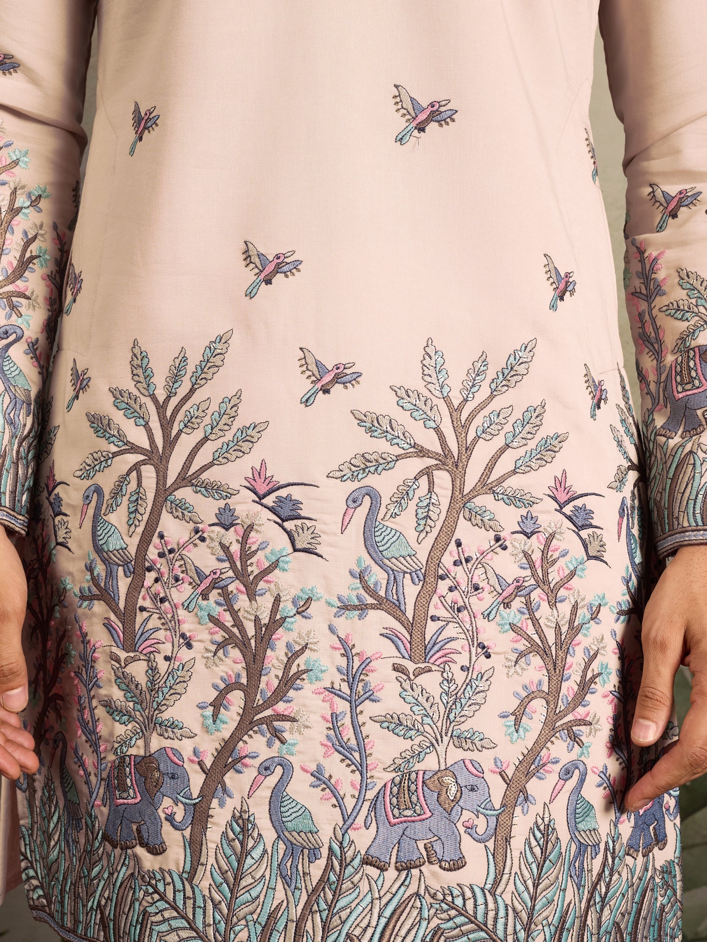 Beige Royal Kurta – Embroidered Elegance with Elephant & Bird Motifs