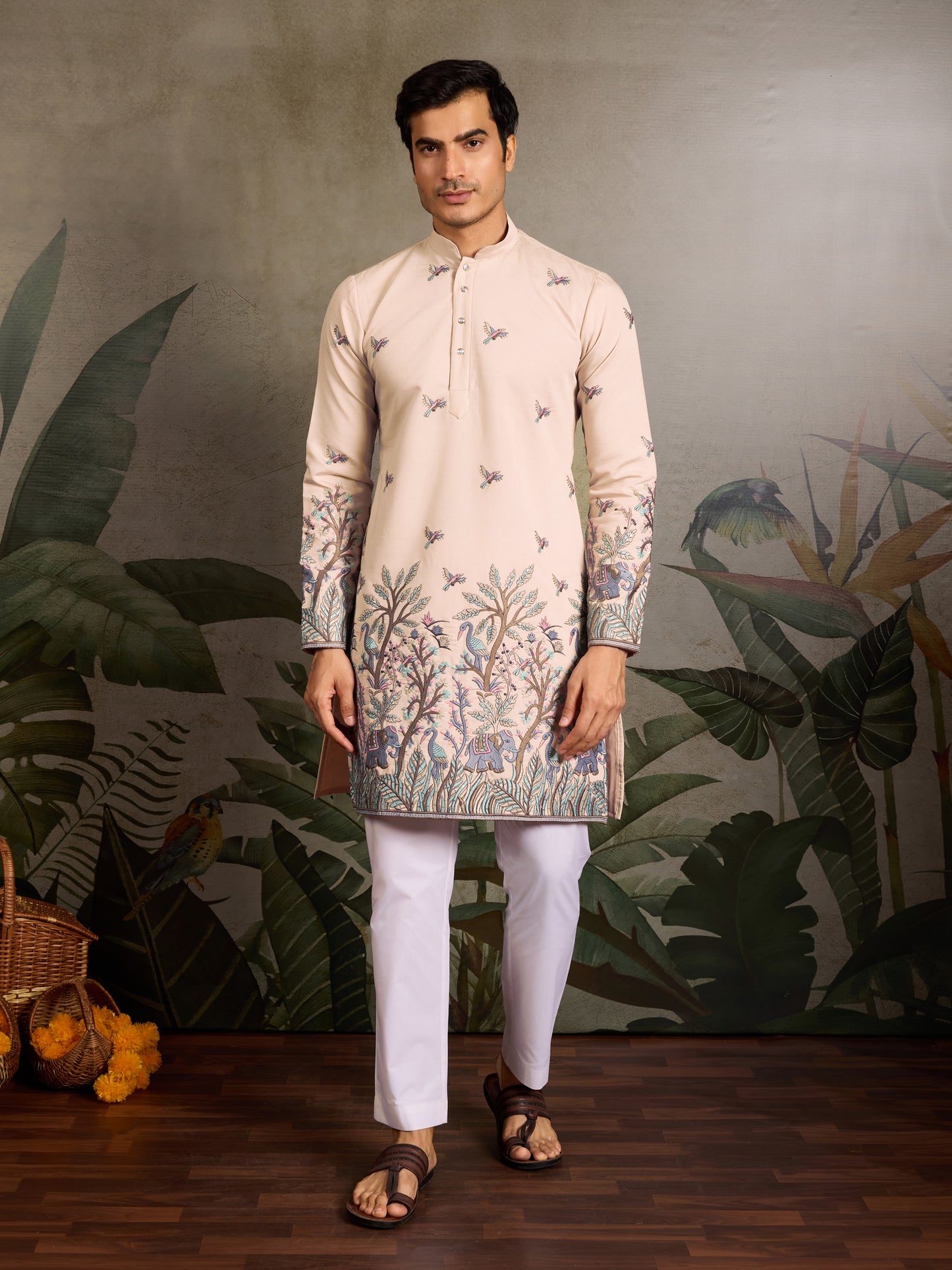 Beige Royal Kurta – Embroidered Elegance with Elephant & Bird Motifs