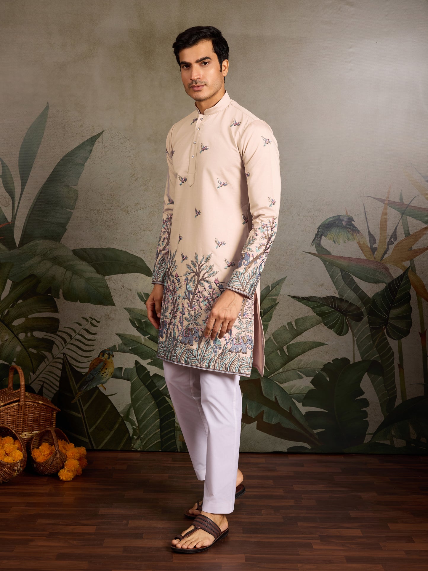 Beige Royal Kurta – Embroidered Elegance with Elephant & Bird Motifs