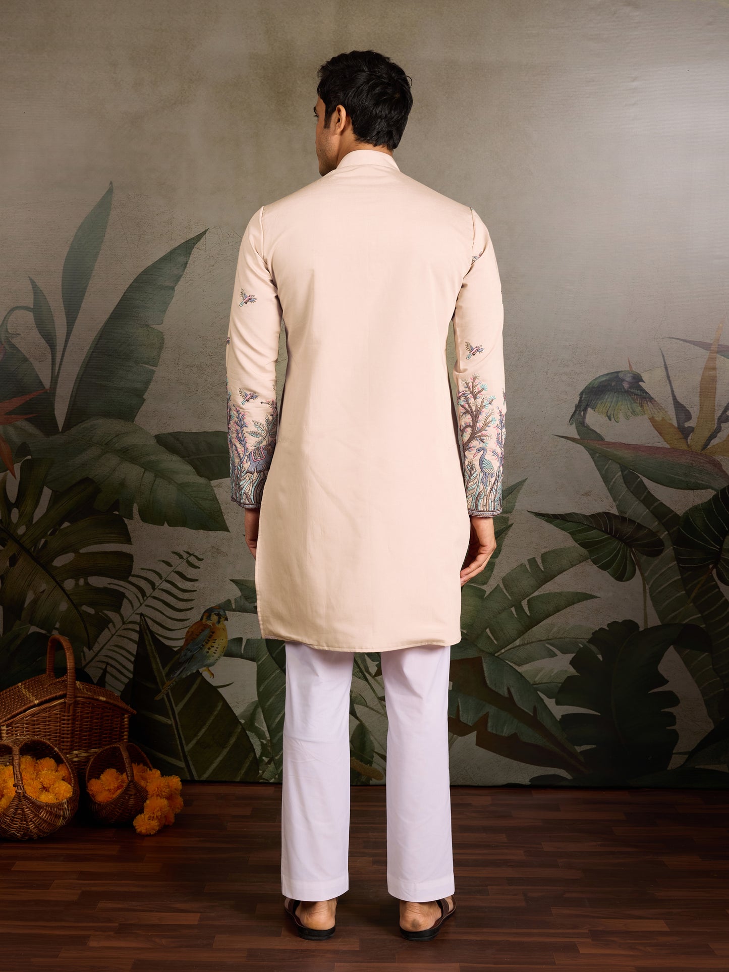 Beige Royal Kurta – Embroidered Elegance with Elephant & Bird Motifs