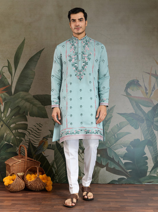 Embroidered Cotton Kurta with Floral Detailing