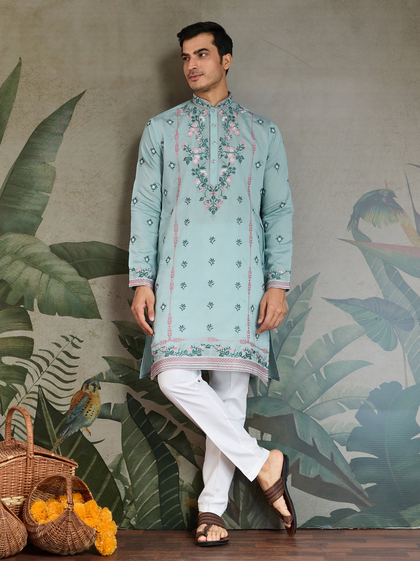 Embroidered Cotton Kurta with Floral Detailing