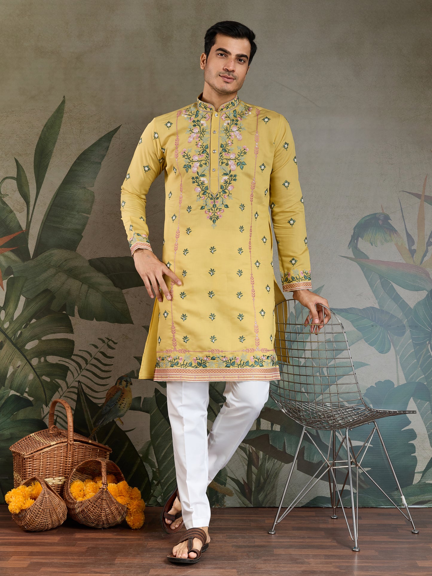 Golden Mustard Embroidered Cotton Kurta for Men – Festive & Elegant