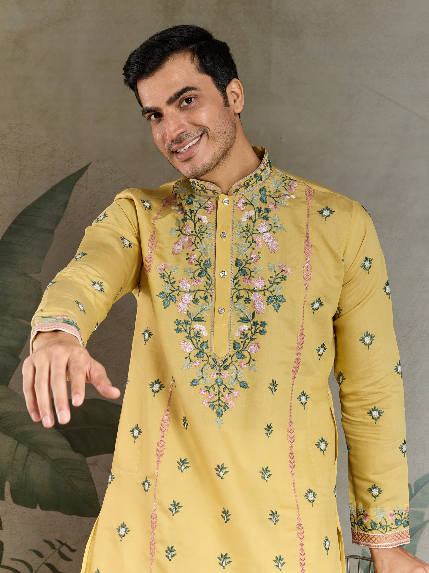 Golden Mustard Embroidered Cotton Kurta for Men – Festive & Elegant
