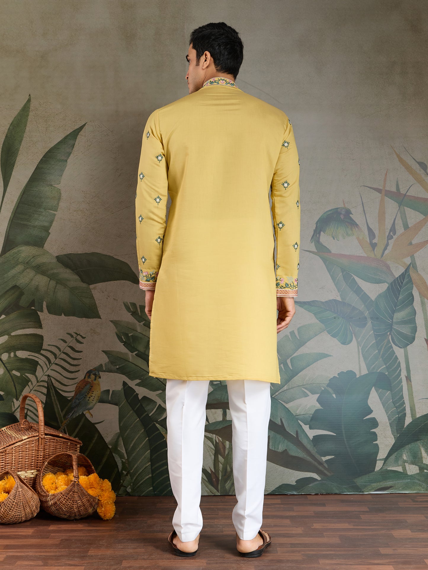 Golden Mustard Embroidered Cotton Kurta for Men – Festive & Elegant