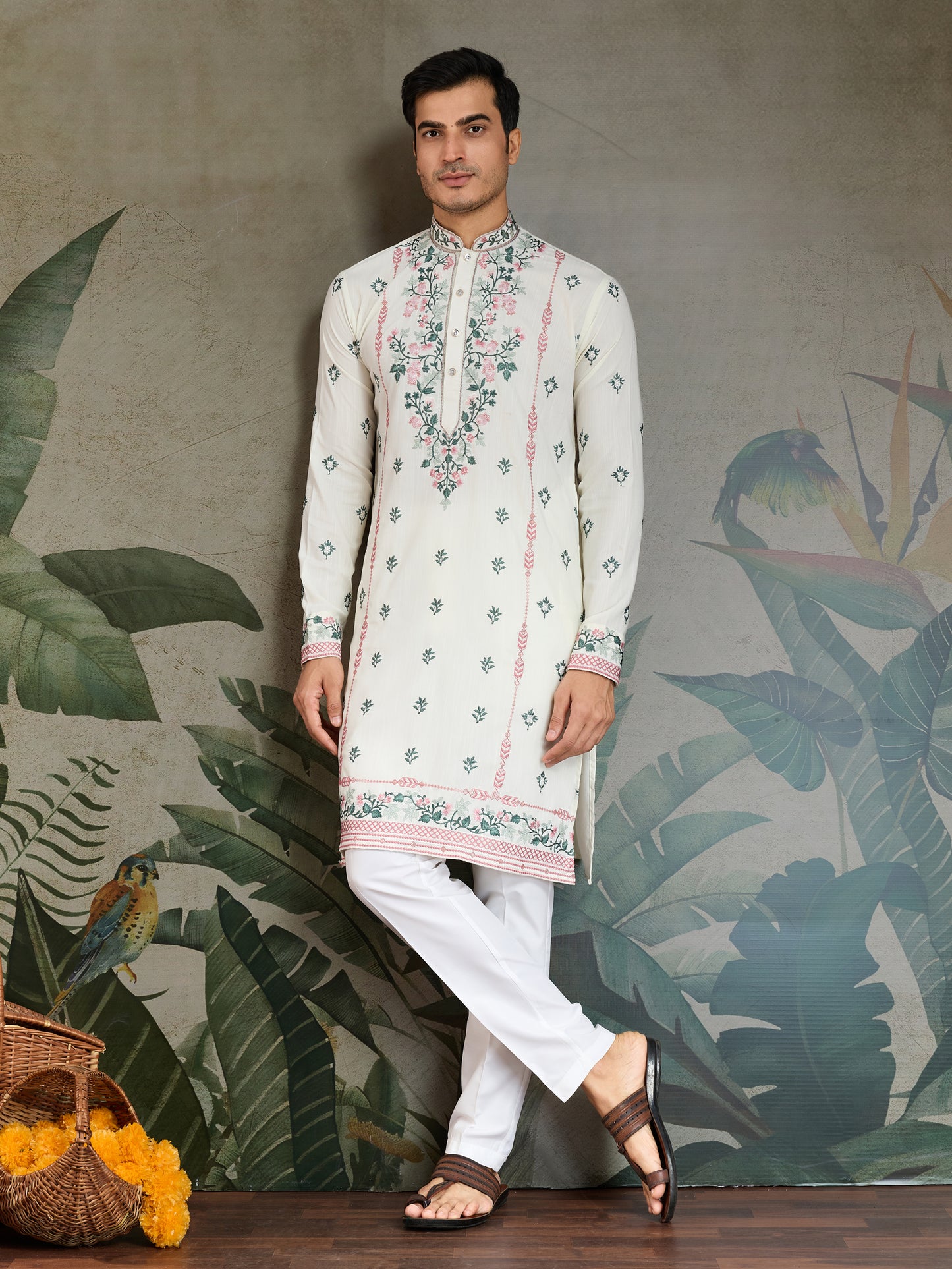 Elegant White Embroidered Men’s Kurta with Pastel Floral Detailing