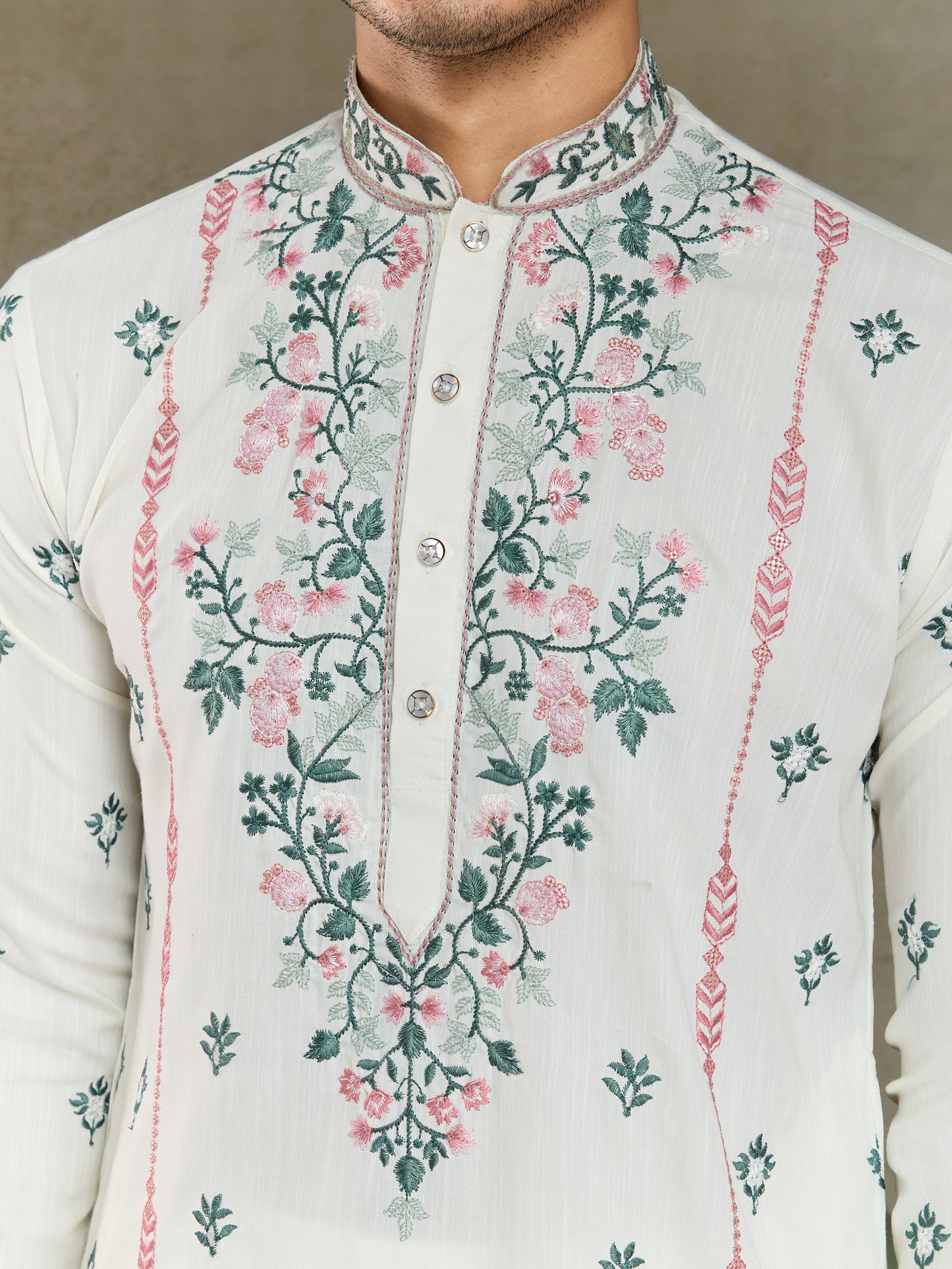 Elegant White Embroidered Men’s Kurta with Pastel Floral Detailing