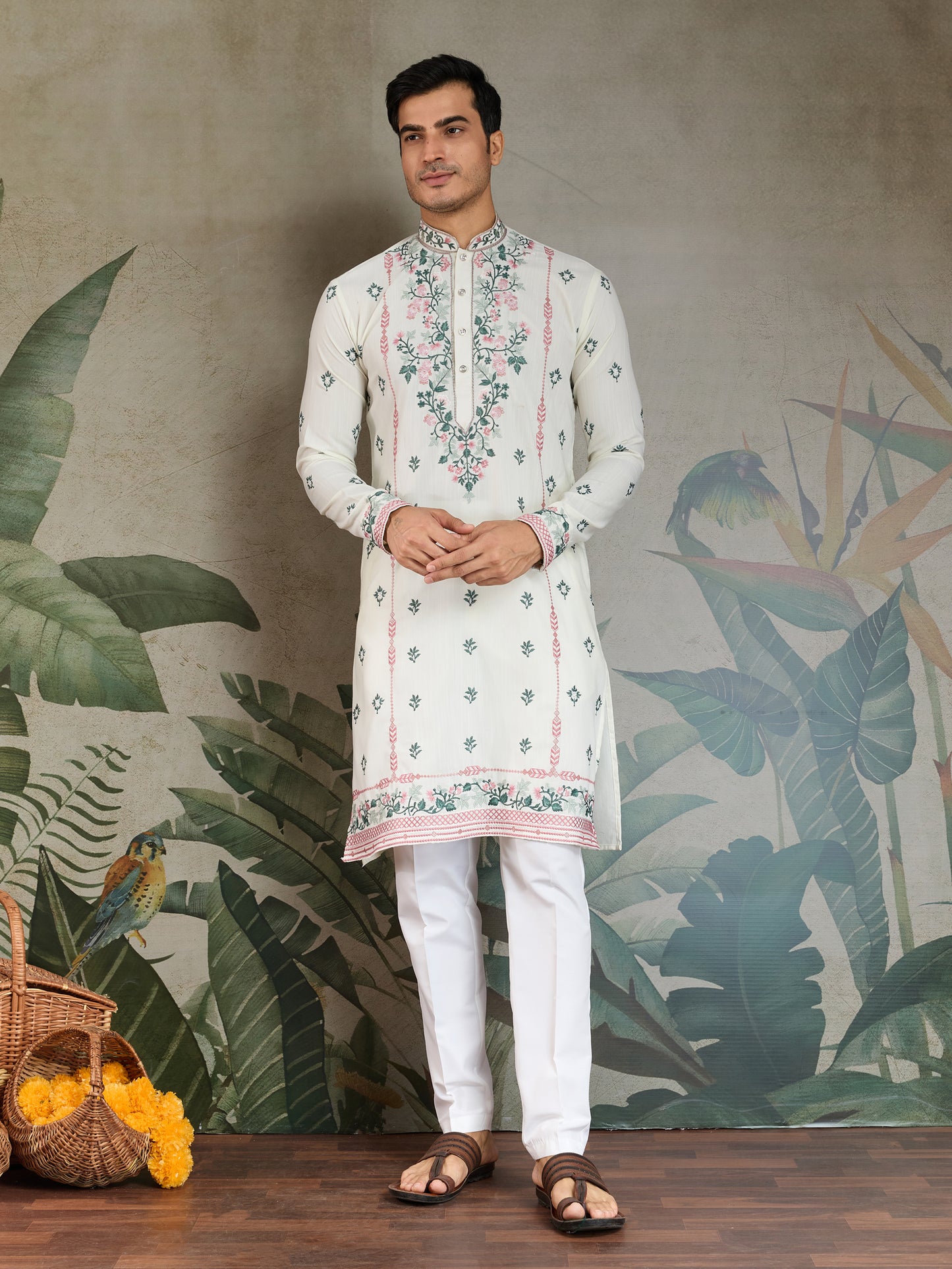 Elegant White Embroidered Men’s Kurta with Pastel Floral Detailing