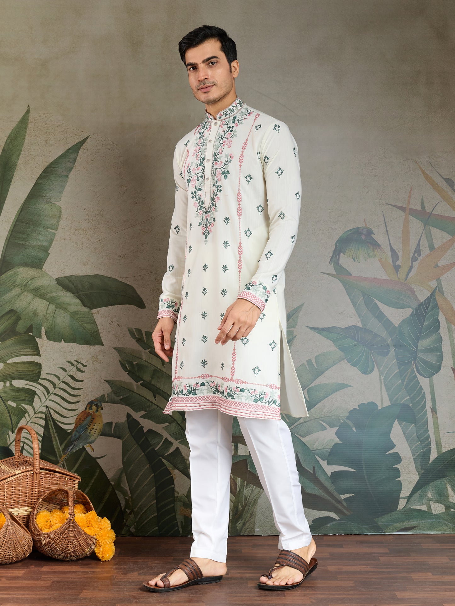 Elegant White Embroidered Men’s Kurta with Pastel Floral Detailing