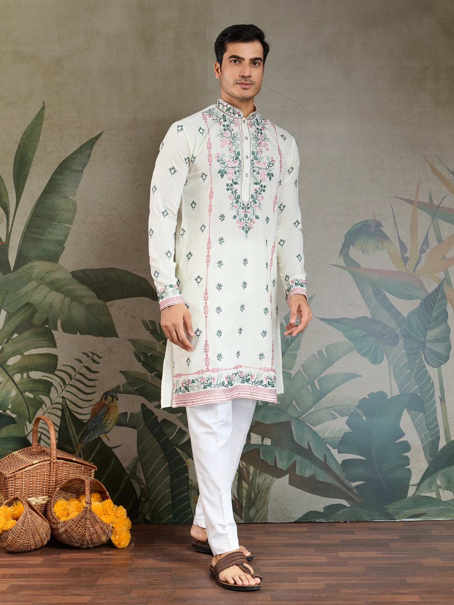 Elegant White Embroidered Men’s Kurta with Pastel Floral Detailing
