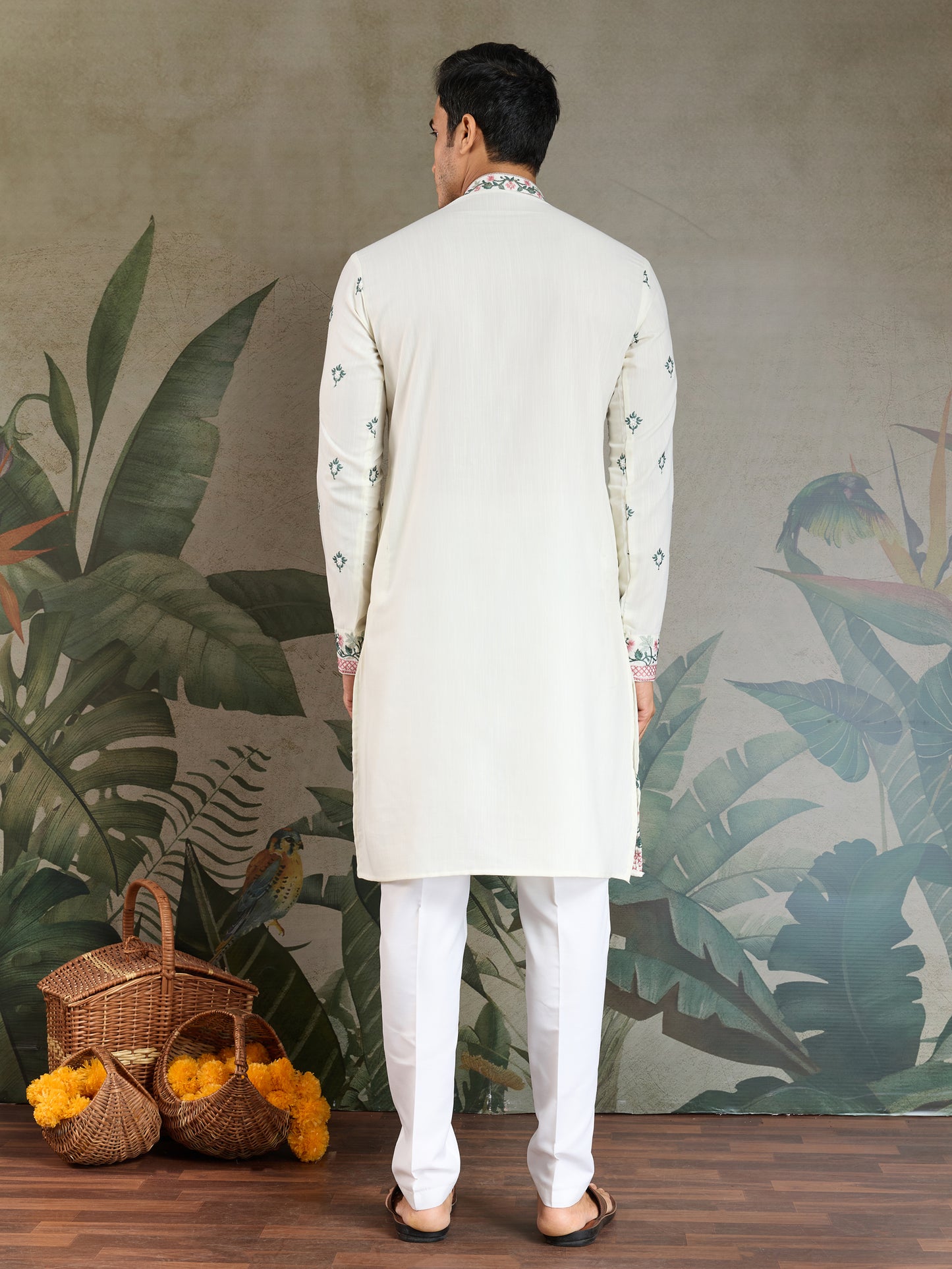 Elegant White Embroidered Men’s Kurta with Pastel Floral Detailing