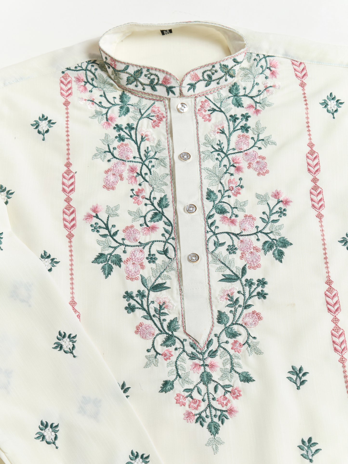 Elegant White Embroidered Men’s Kurta with Pastel Floral Detailing