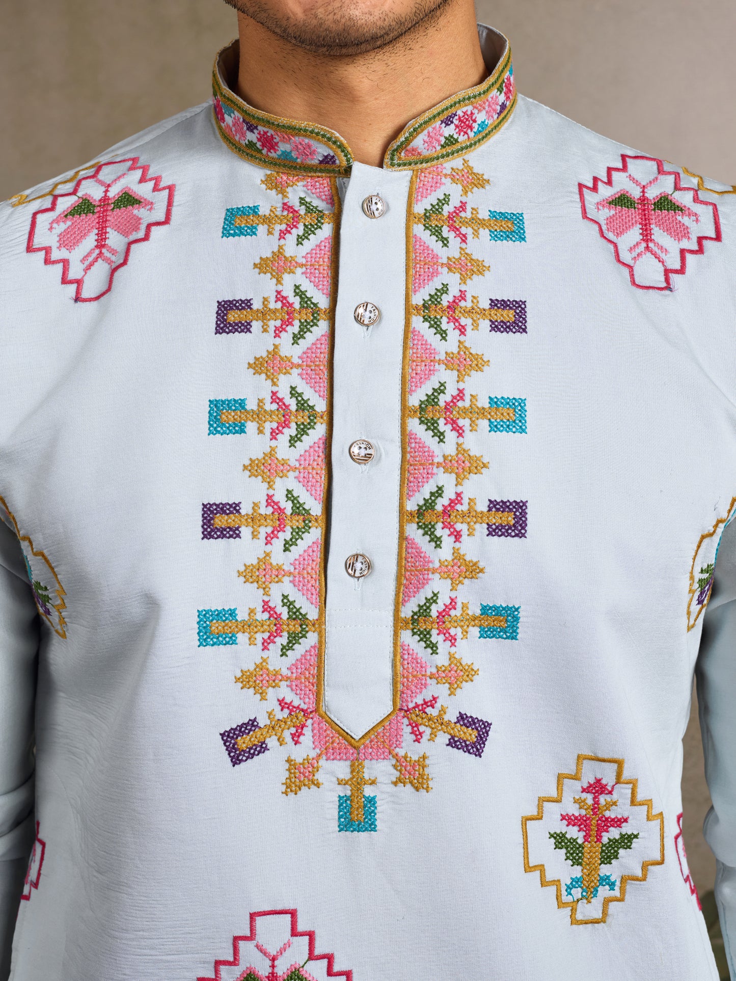 Elegant Sky Blue Kurta with Multicolor Embroidery for Men