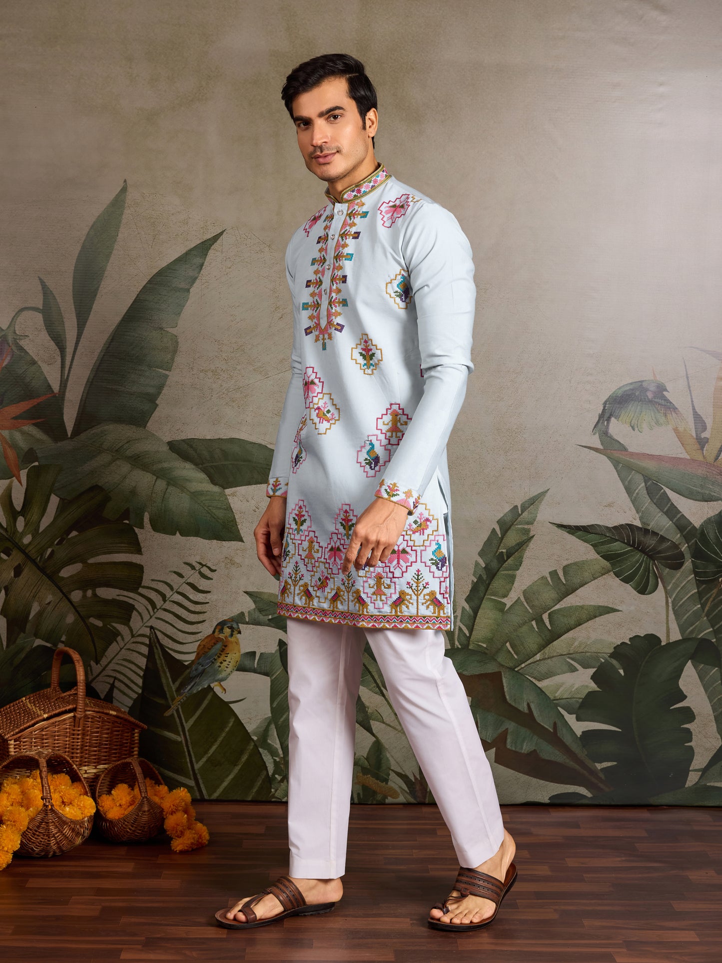 Elegant Sky Blue Kurta with Multicolor Embroidery for Men